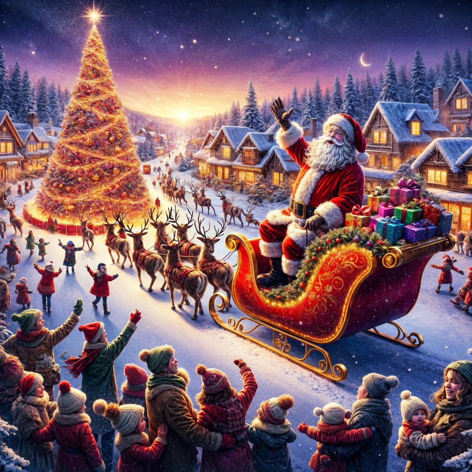 Festive Winter Village with Santa and Christmas Tree