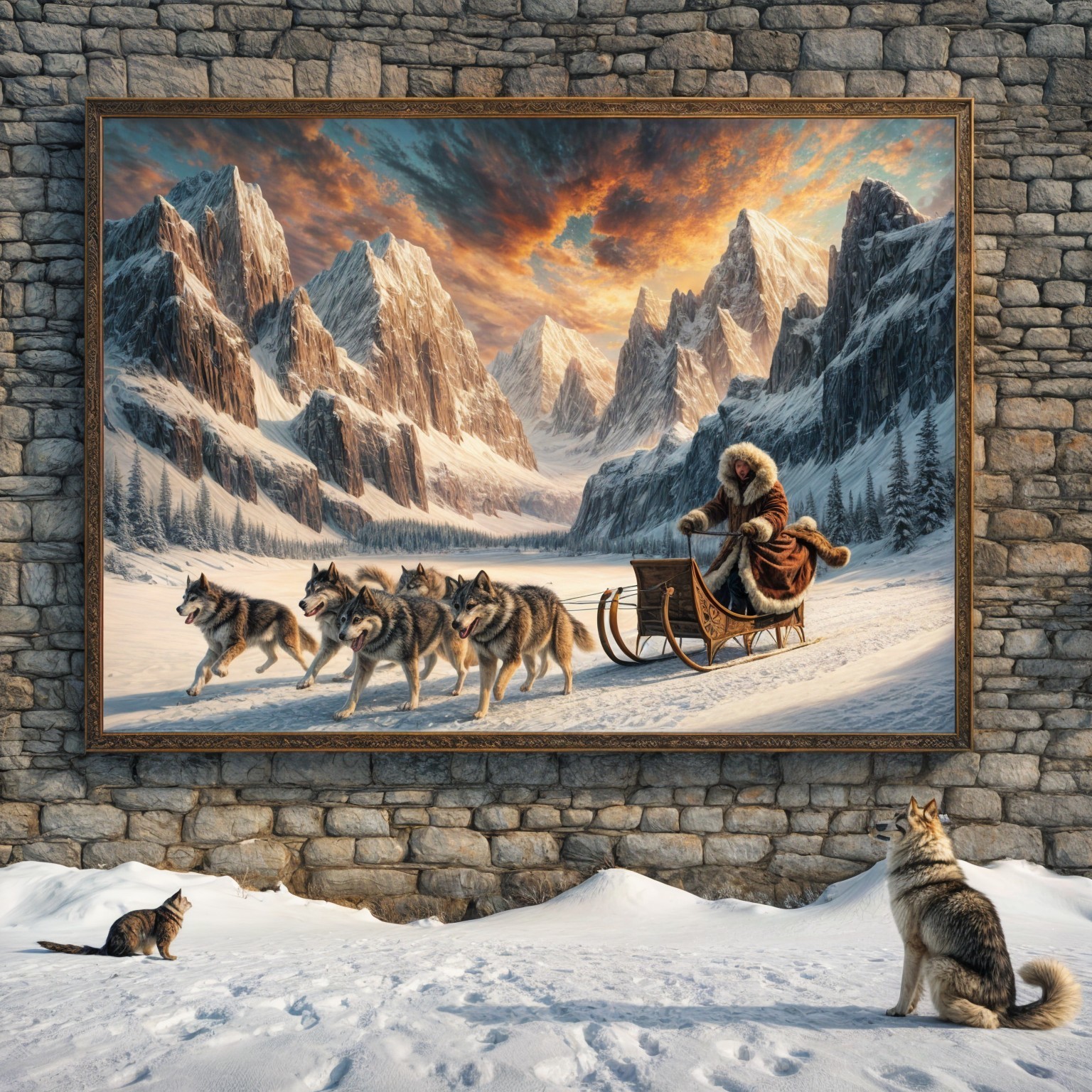 Inuit Figure on Sled with Huskies in Snowy Landscape