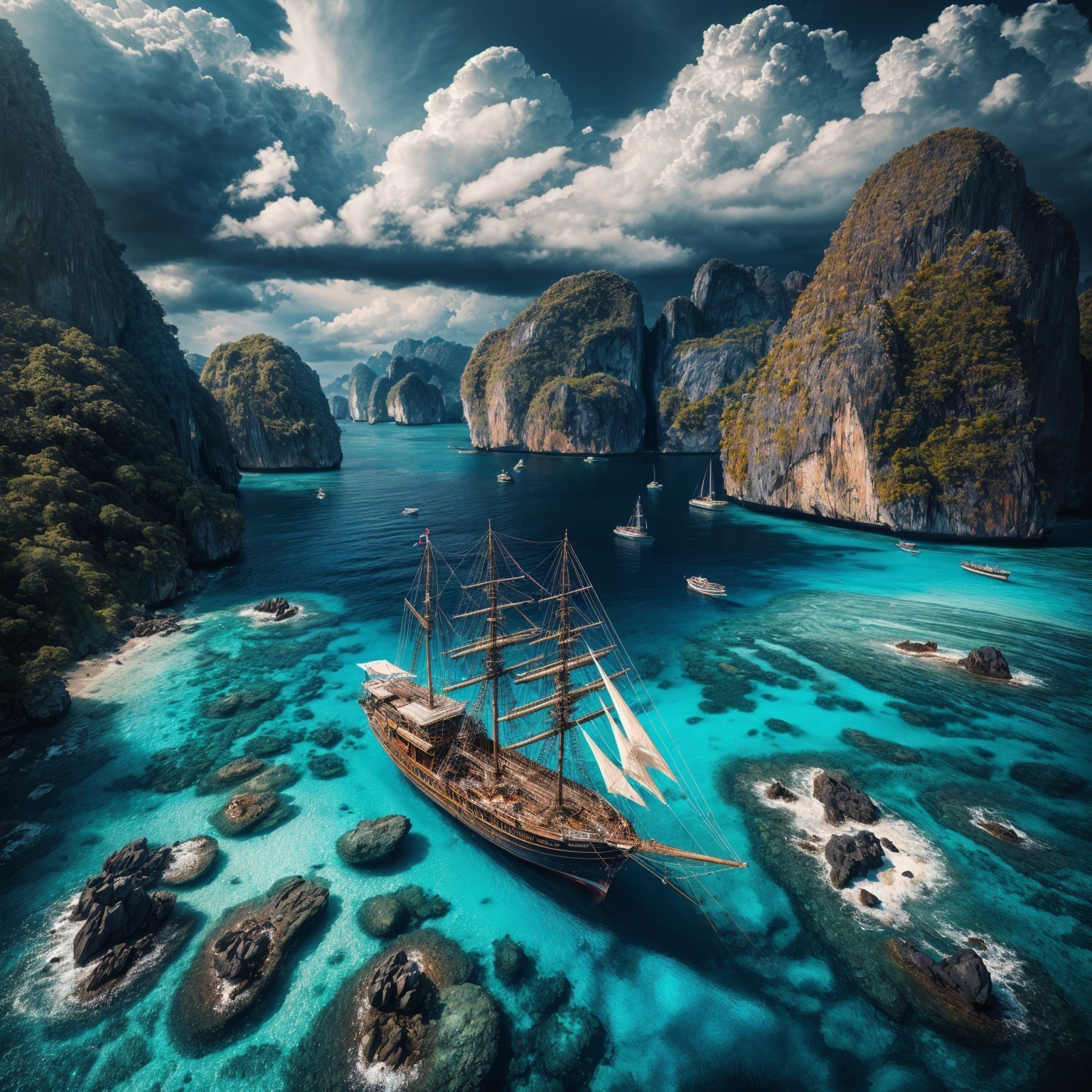 Tall Ship in Turquoise Waters with Limestone Cliffs