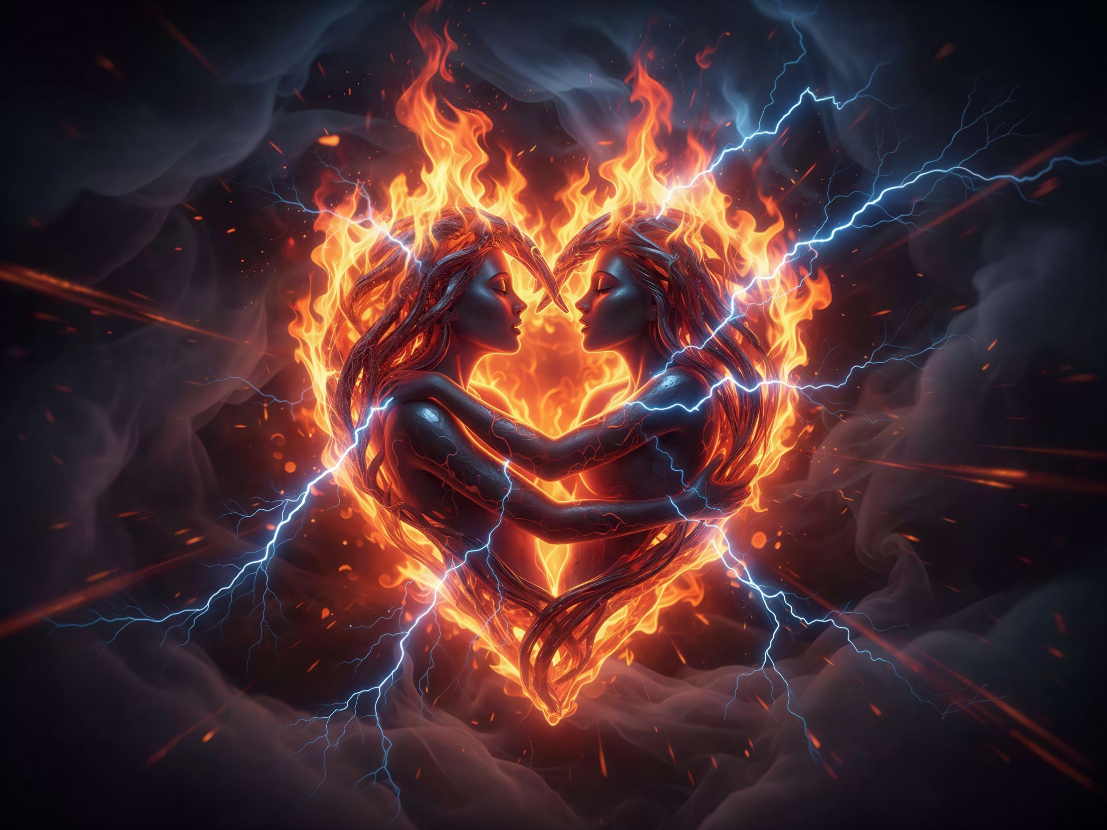 Women Embracing in Fiery Heart with Dark Background