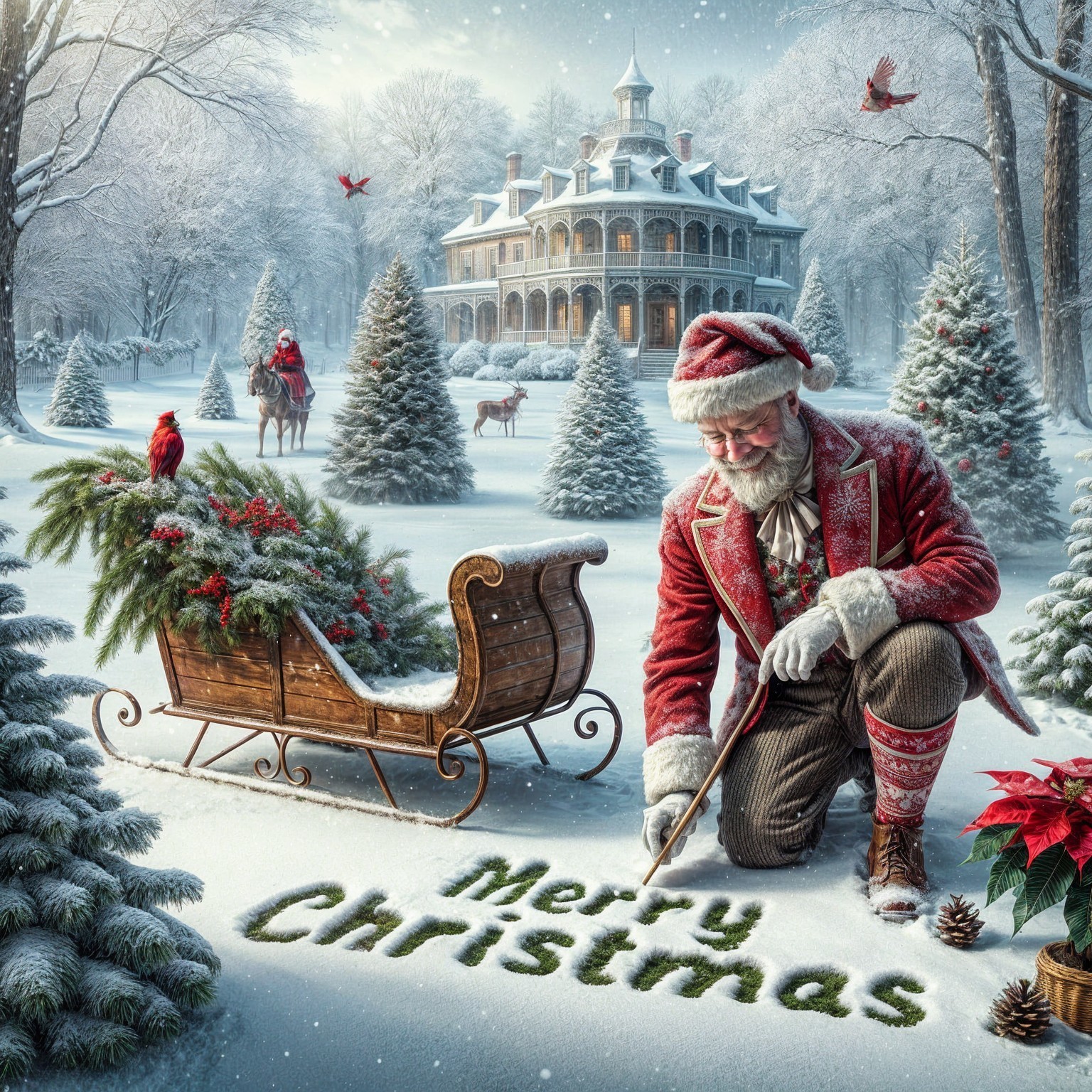 Santa Claus Writing in Snowy Winter Landscape