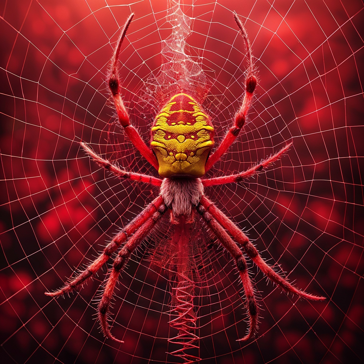 Brightly Colored Spider in Intricate Web Scene