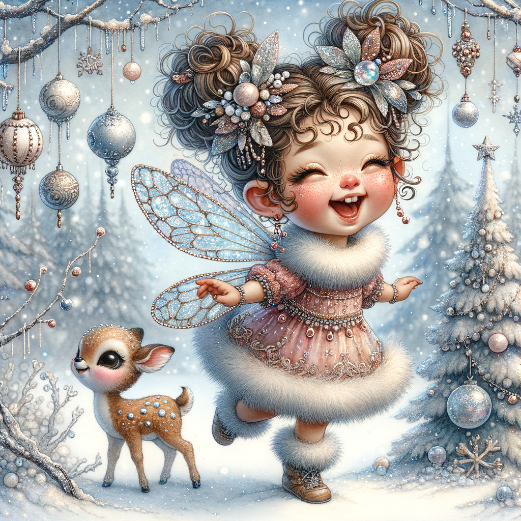 Joyful Girl in Winter Wonderland with Fawn and Ornaments