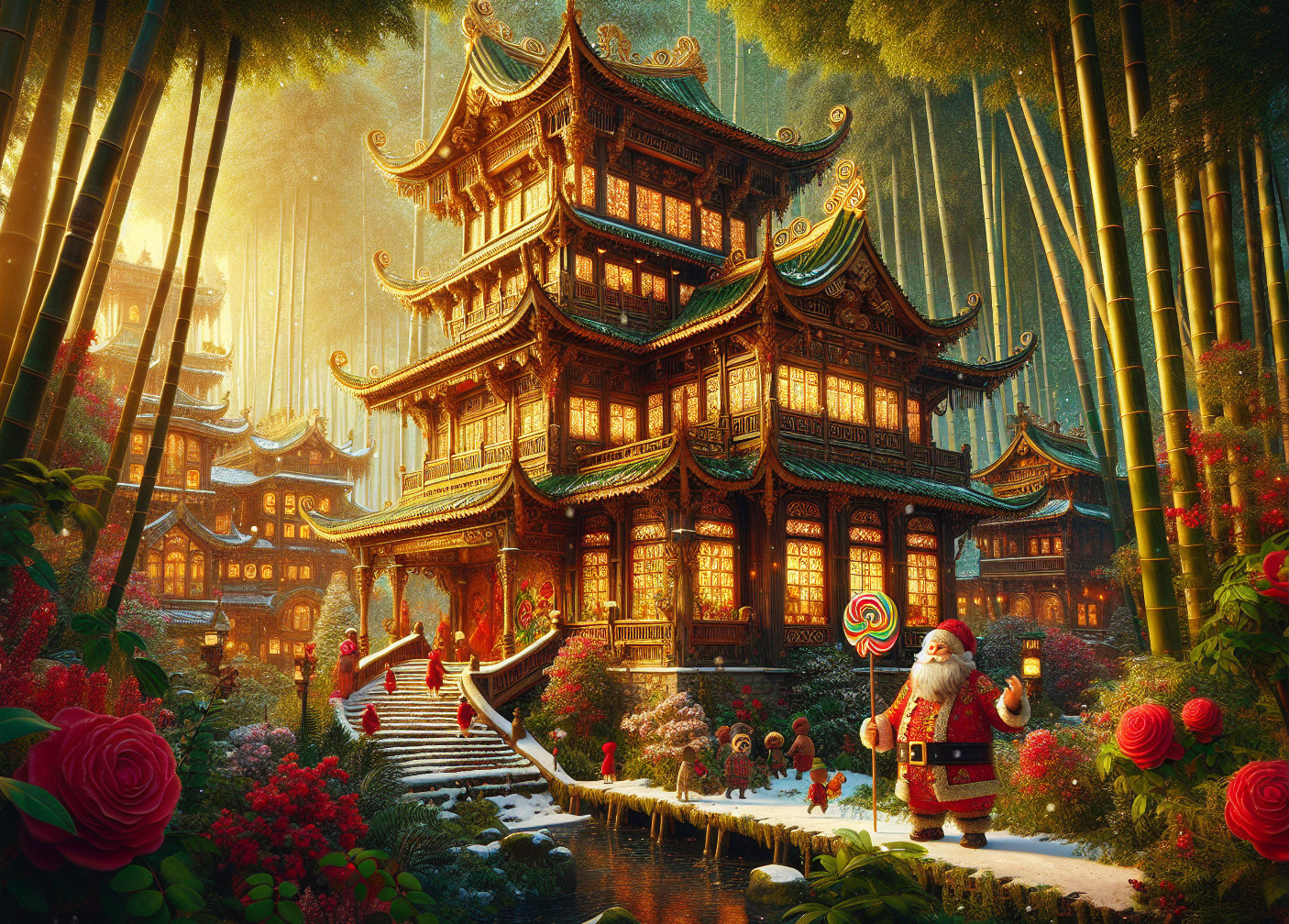 Santa Claus in a colorful pagoda surrounded by nature