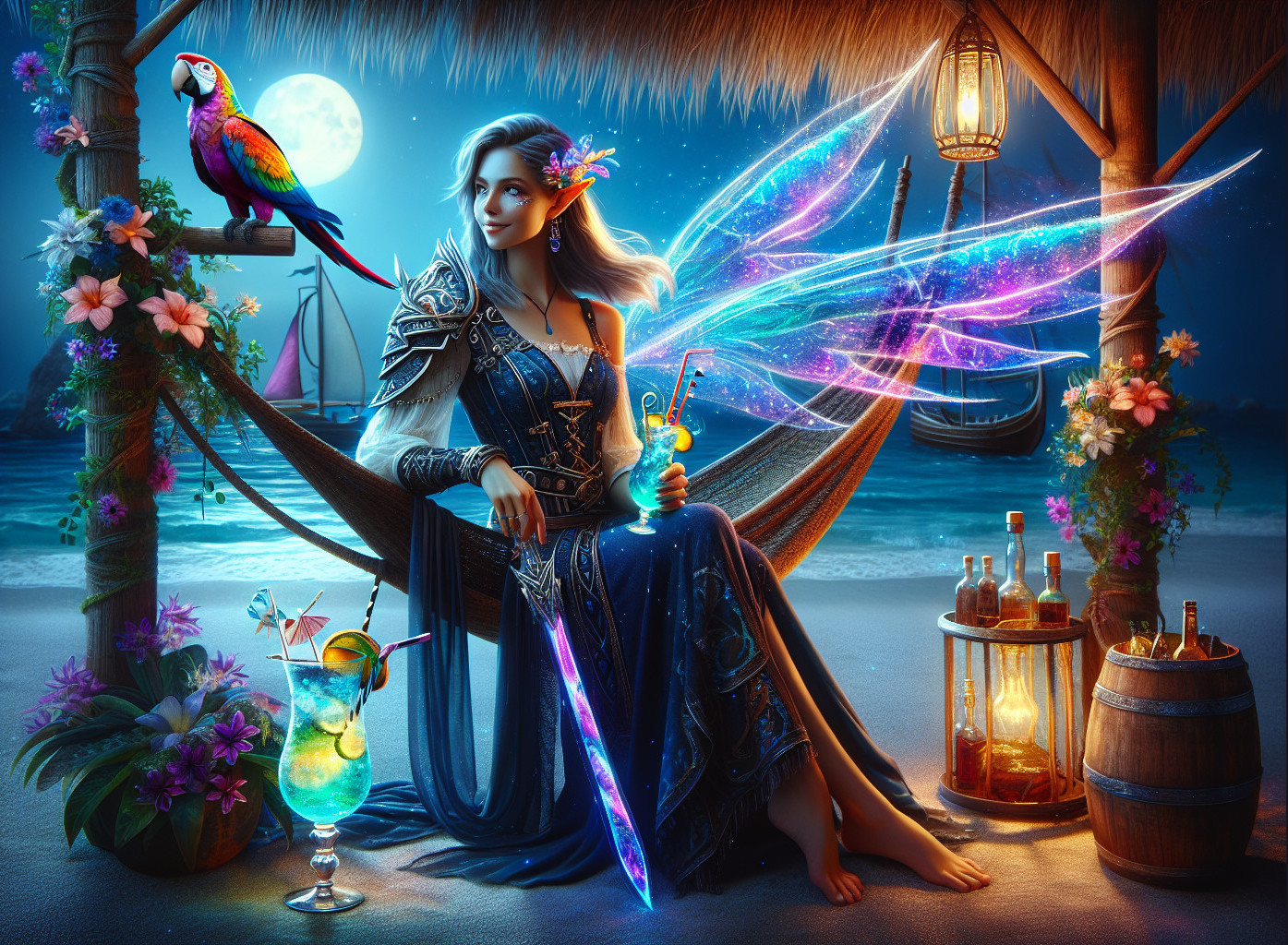 Magical Beach Scene with Elf and Tropical Elements