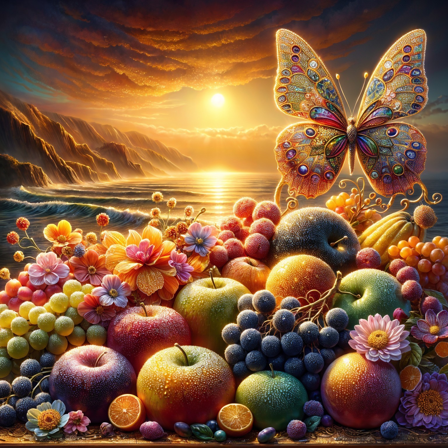 Vibrant Sunset Over Coastal Scene with Fruits and Butterfly
