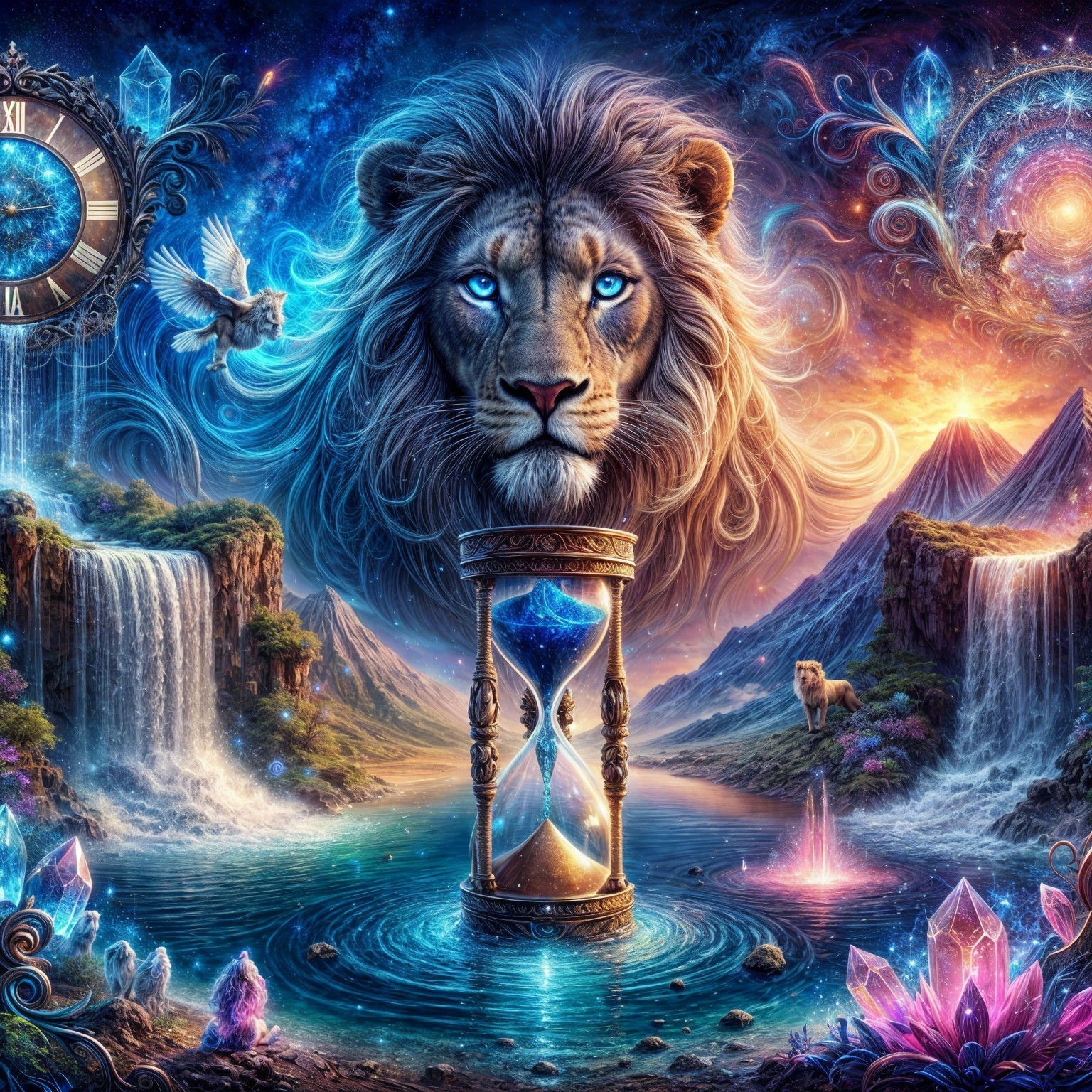 Majestic lion in cosmic landscape with hourglass and creatures