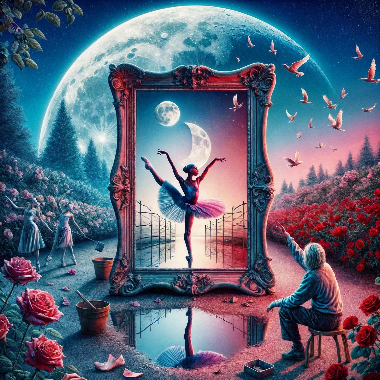Ballerina in Mid-Dance with Two Moons and Roses