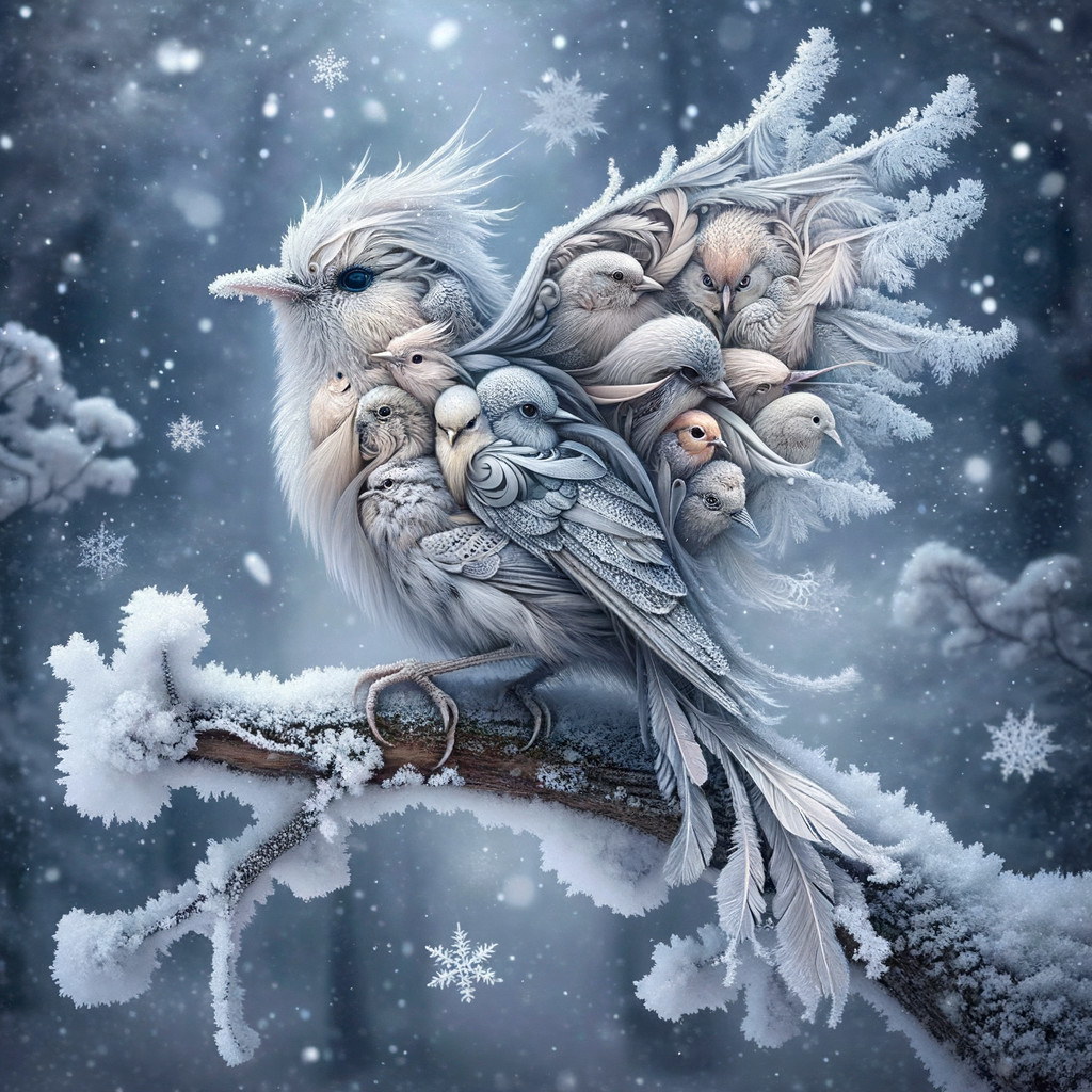 Majestic Bird on Snowy Branch with Smaller Birds