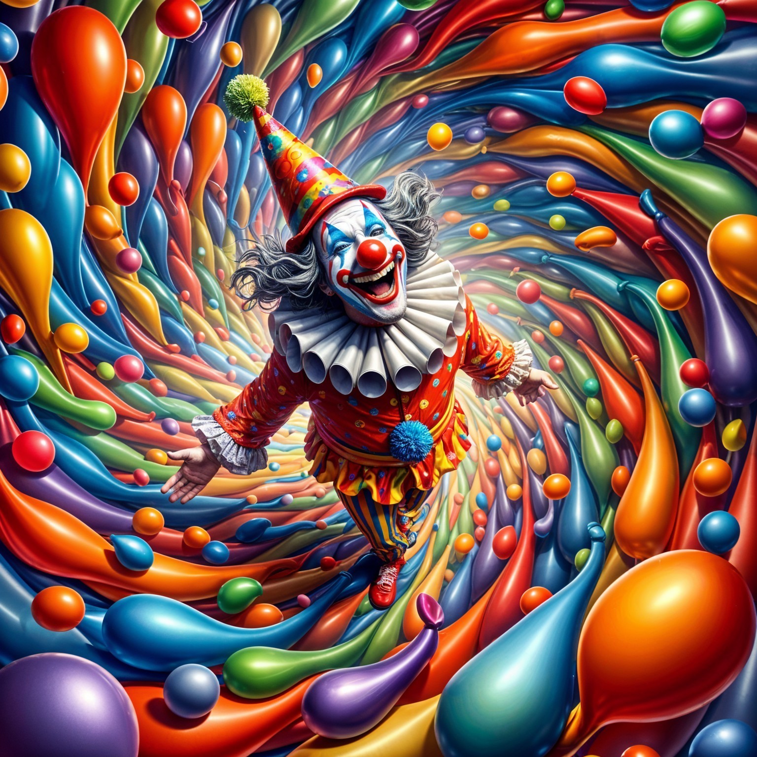 Whimsical Clown Surrounded by Colorful Teardrop Shapes
