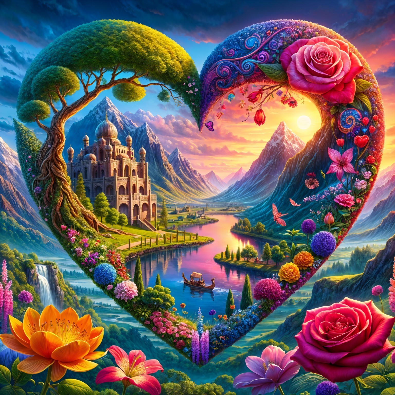 Heart-Shaped Landscape with Castle and Sunset Sky