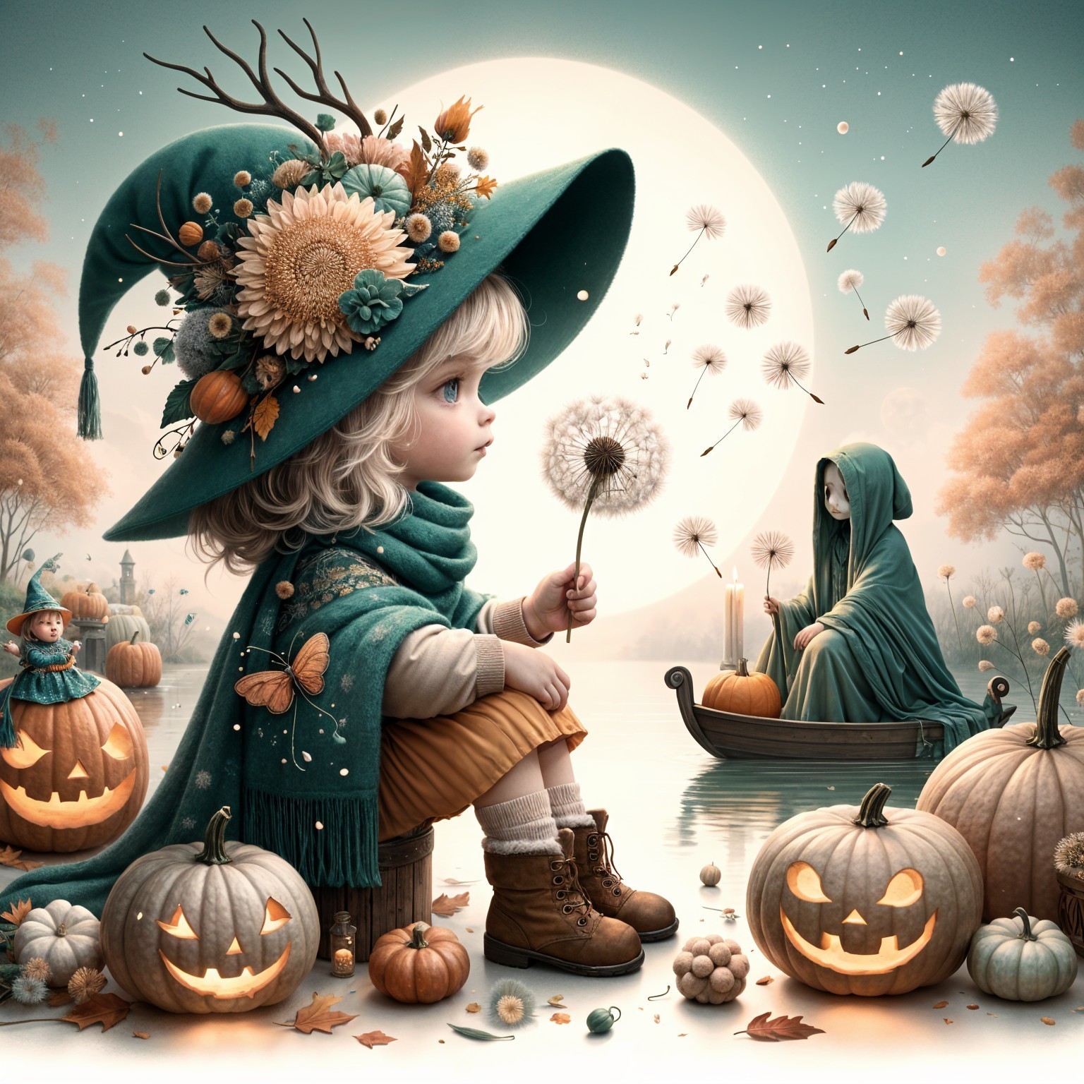 Whimsical Autumn Scene by a Tranquil Lake