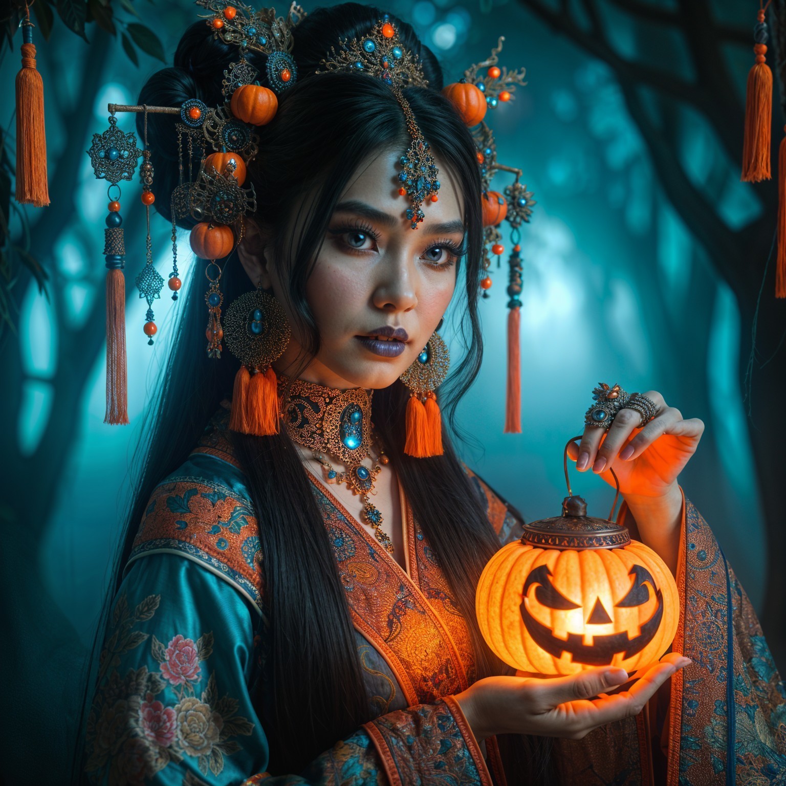 Mystical Forest Scene with Young Woman and Lantern