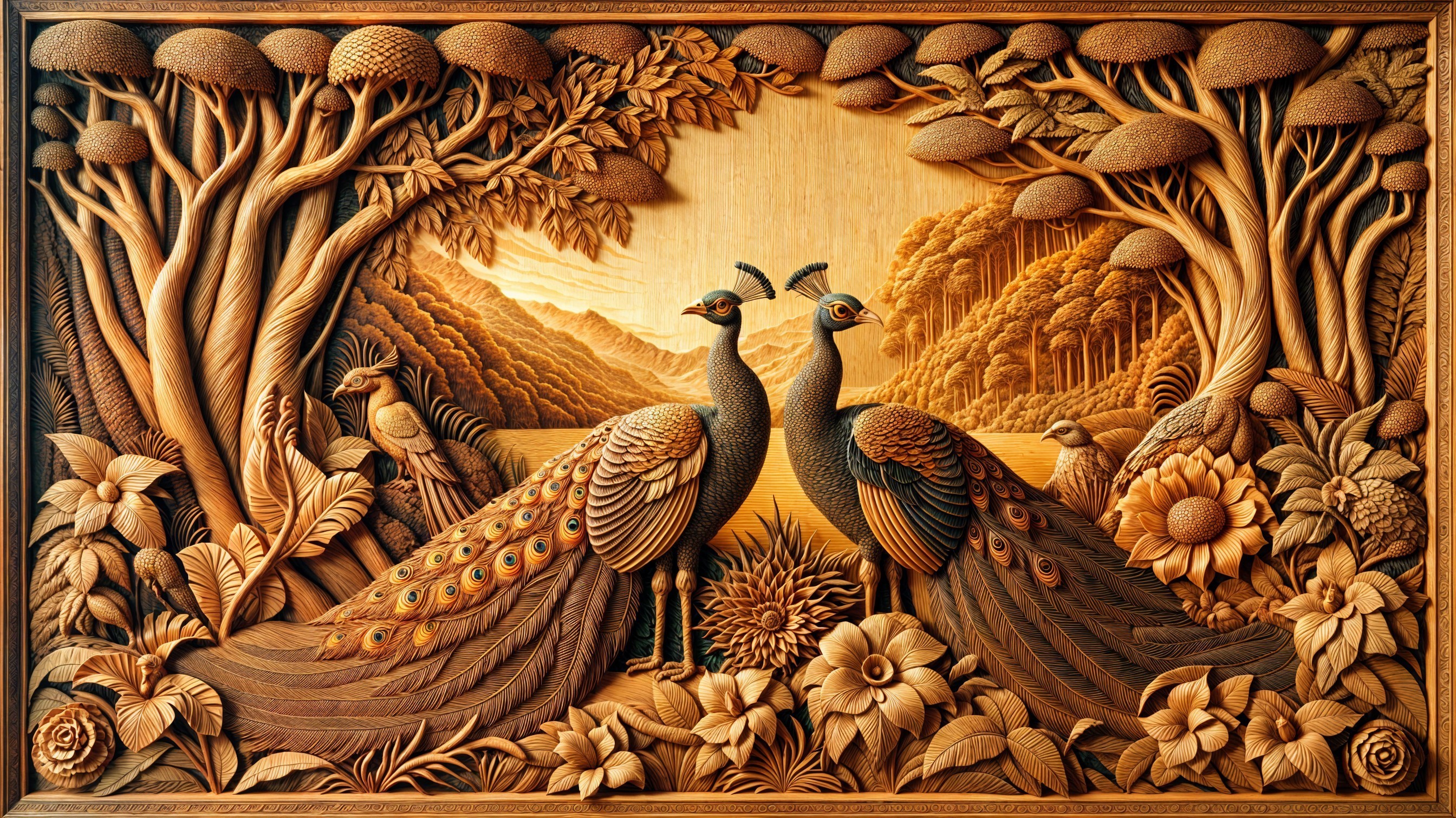 Wooden Carving of Two Peacocks in Lush Landscape