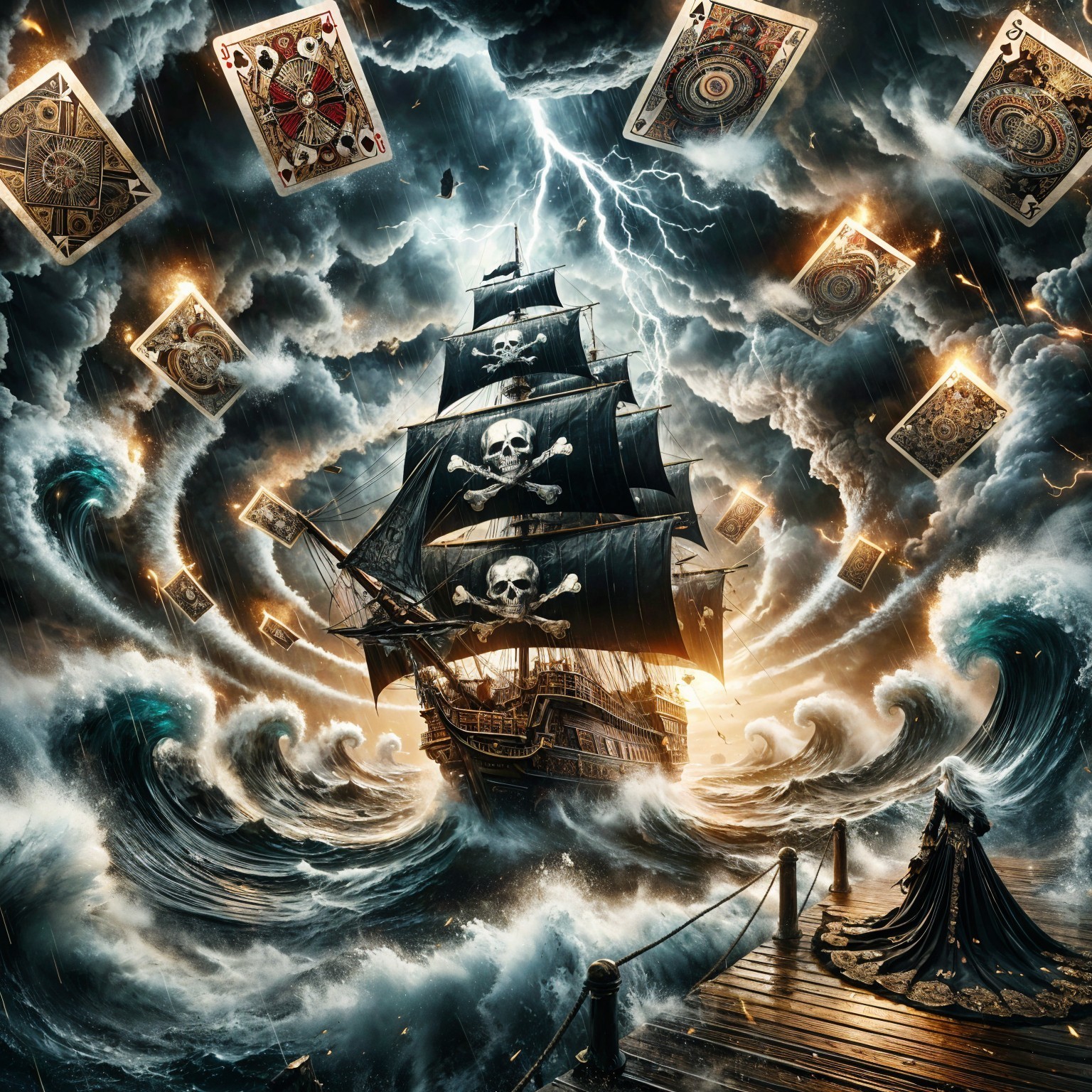 Pirate Ship Battling Stormy Waves and Lightning