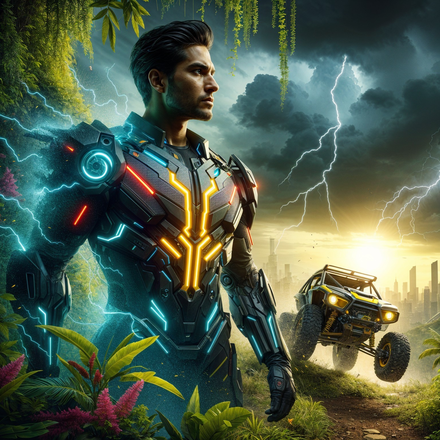 Futuristic hero in high-tech suit against stormy skies