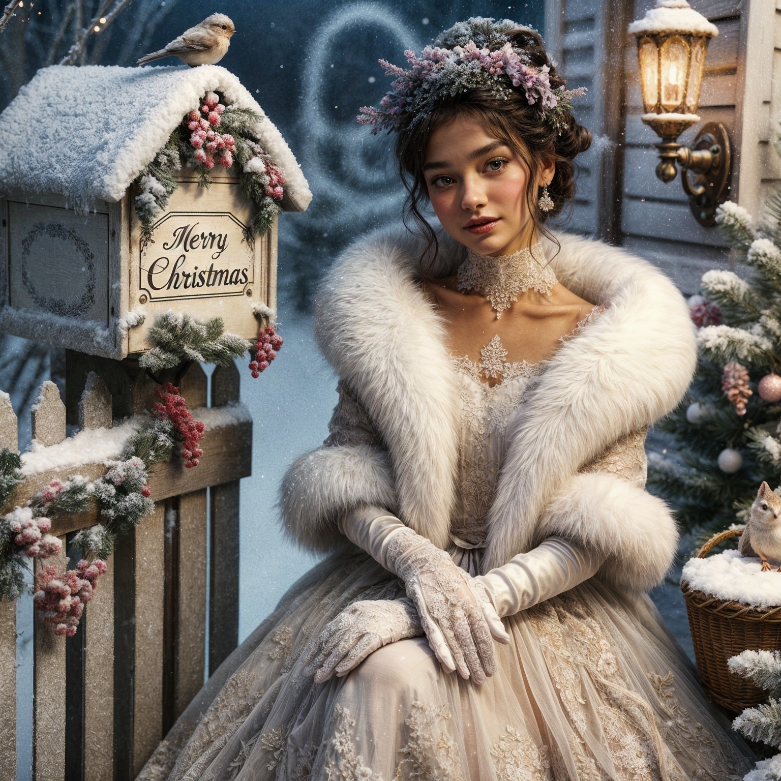 Young Woman in Vintage Gown by Christmas Mailbox