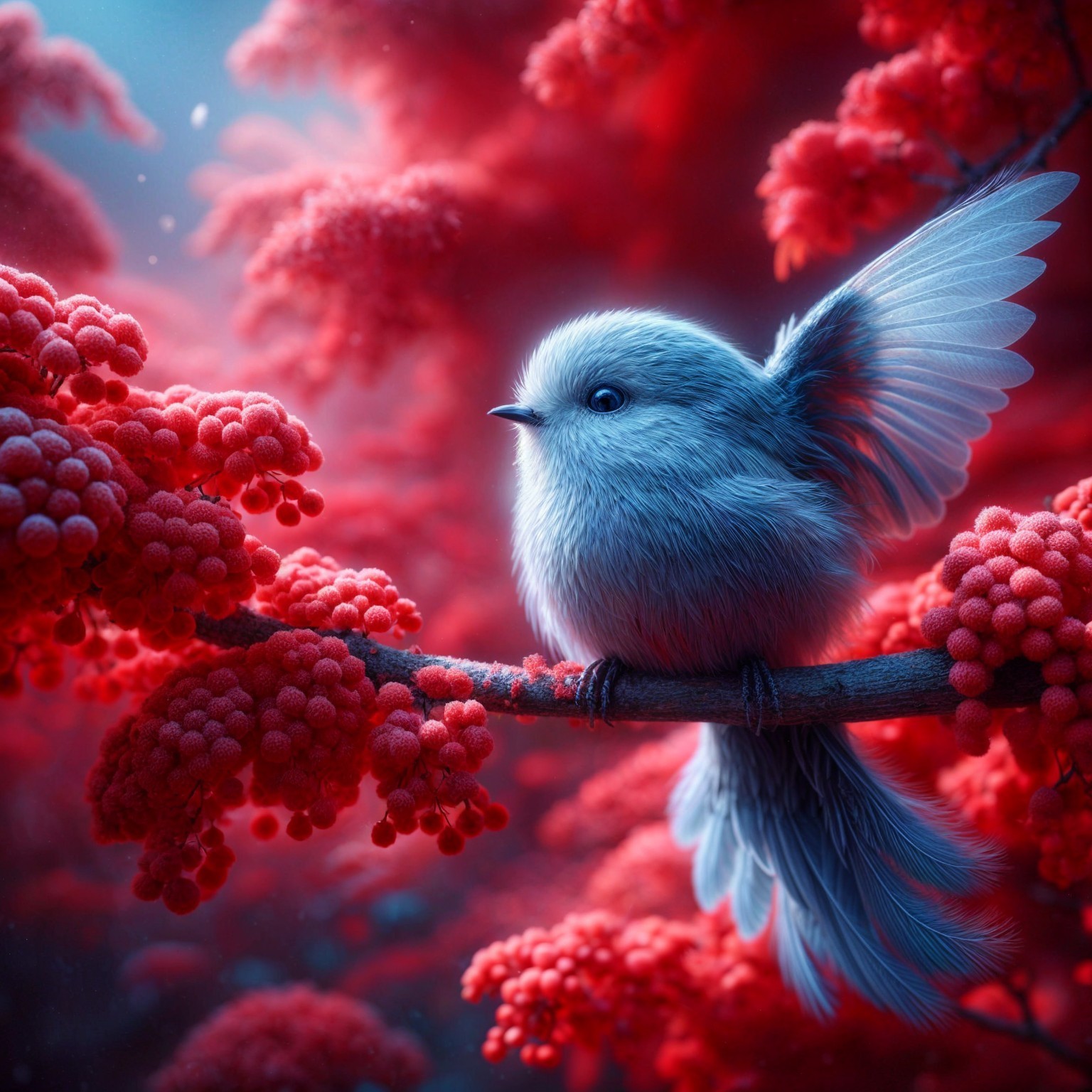 Fluffy bird on branch amid red foliage and berries