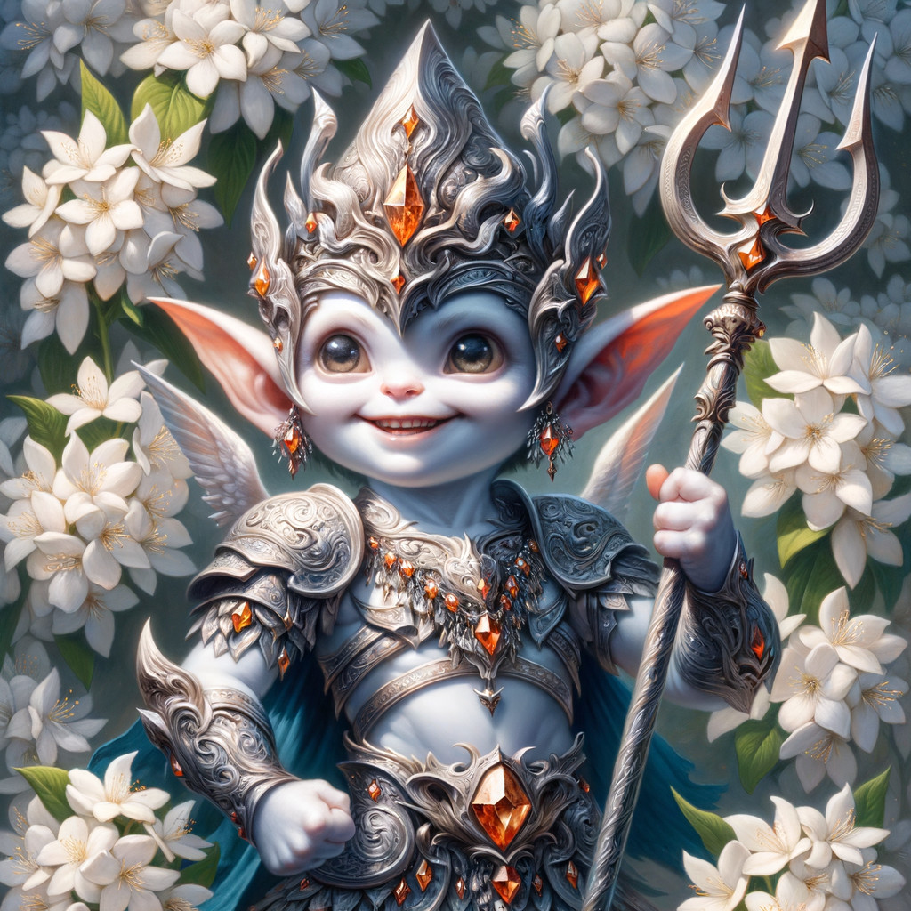 Whimsical creature in armor among blooming flowers