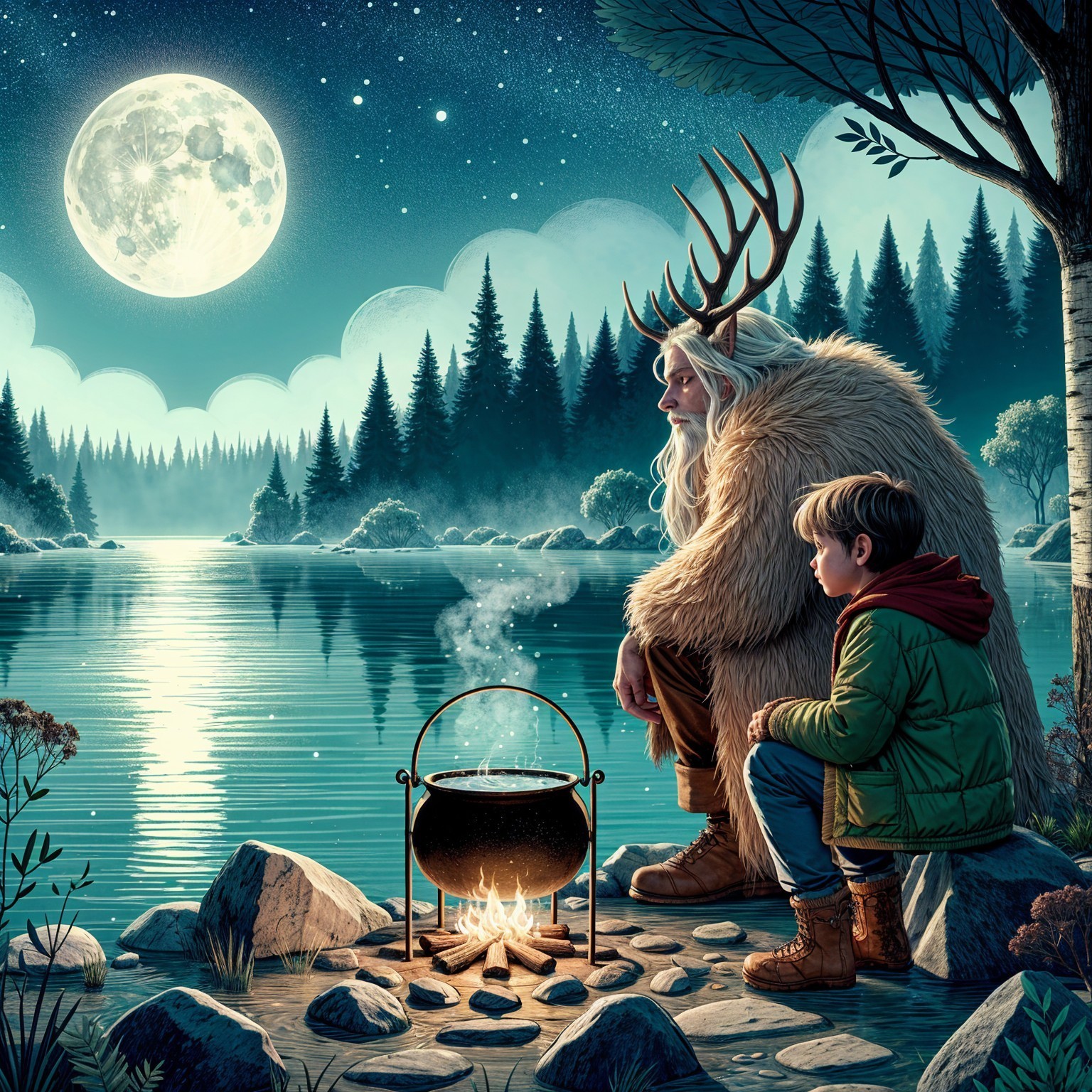 Elderly Figure and Boy by Cauldron in Moonlit Forest