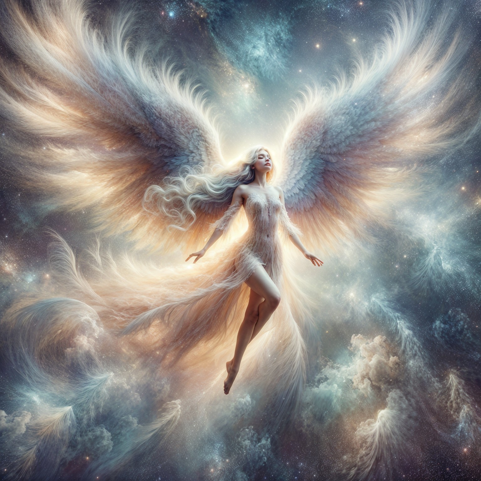 Celestial Figure with Feathery Wings in Cosmic Scene