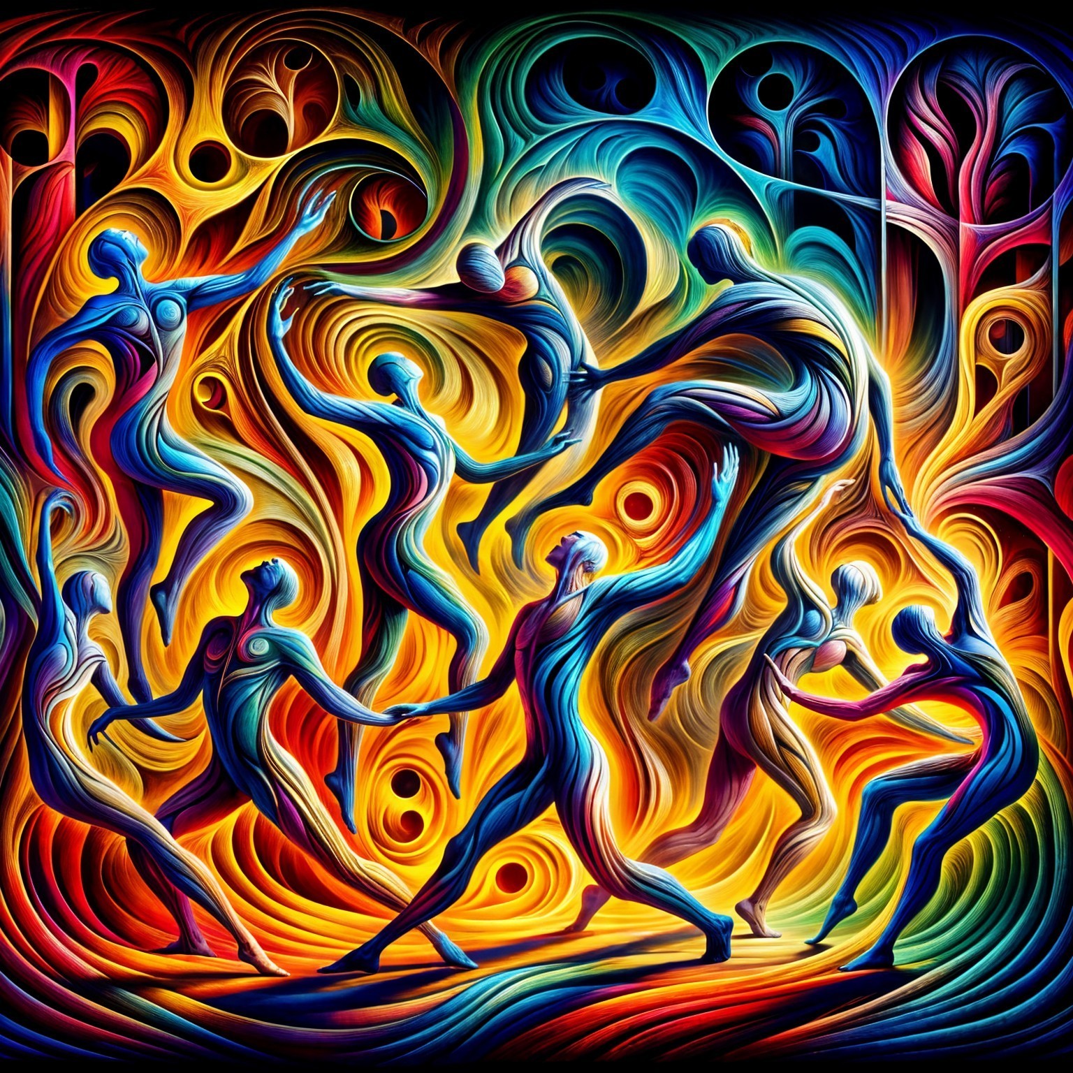 Vibrant Artwork of Joyful Figures in Dynamic Motion
