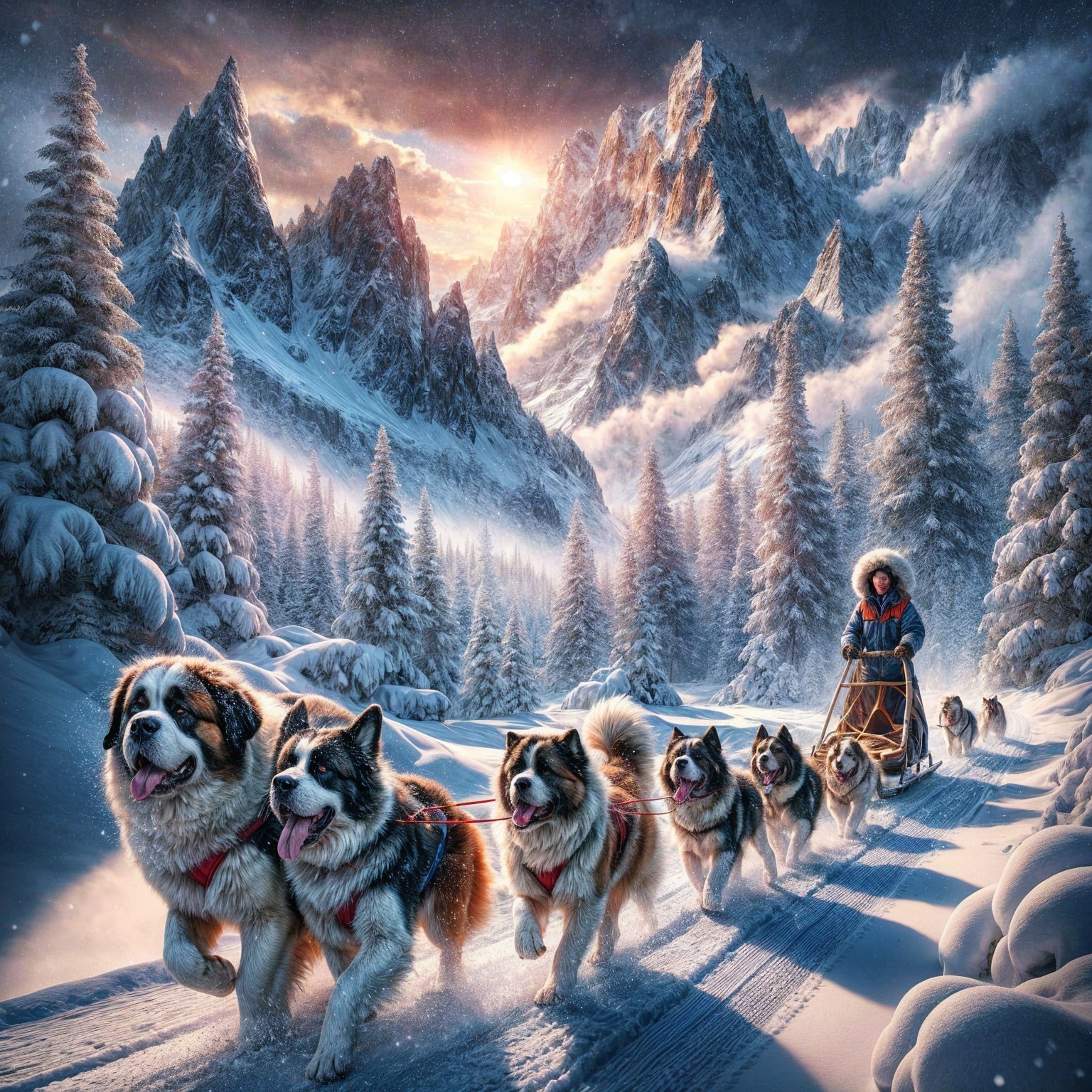 Winter Landscape with Dog Sled Team and Mountains