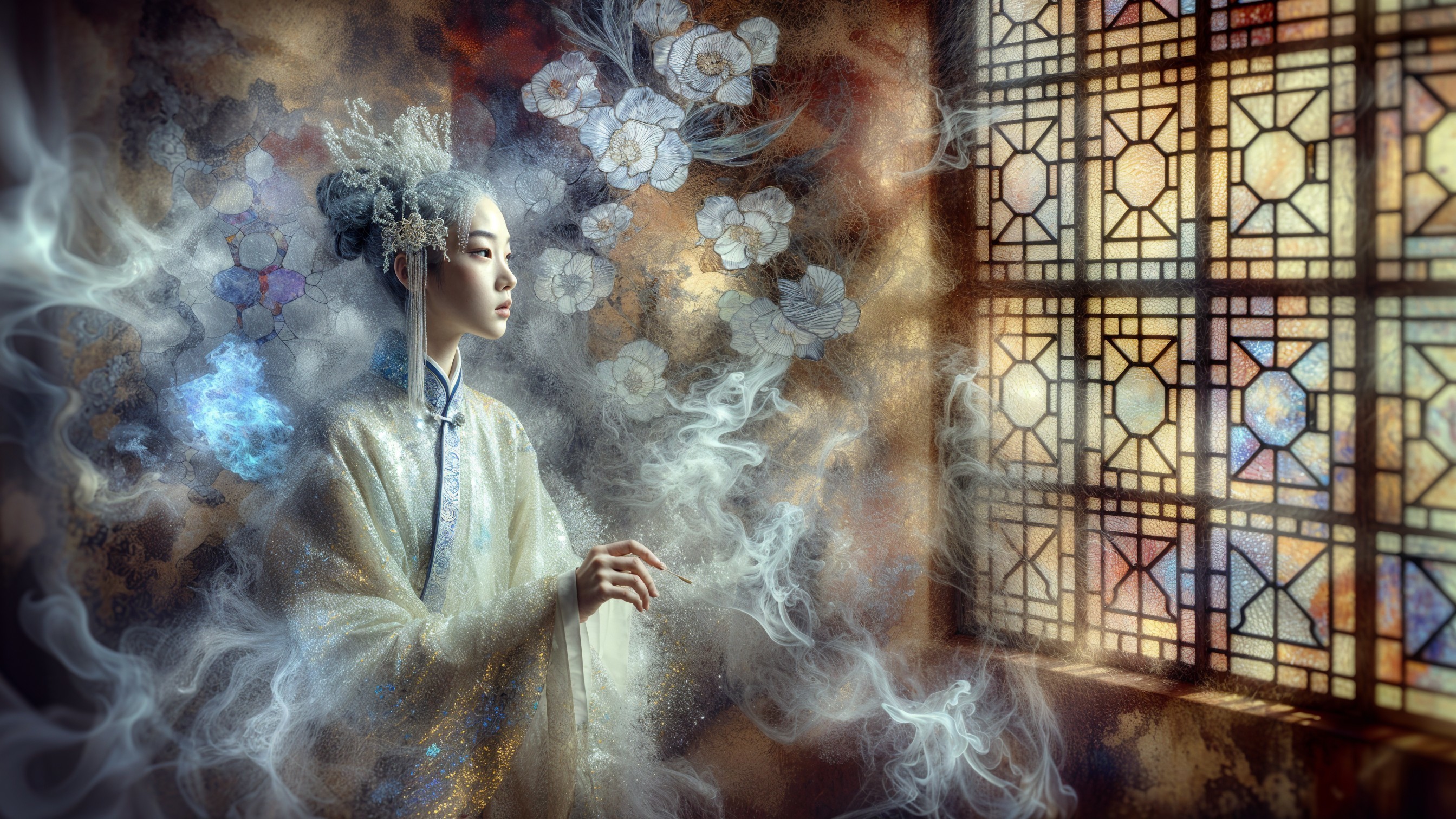 Serene Figure by Ornate Window with Ethereal Smoke