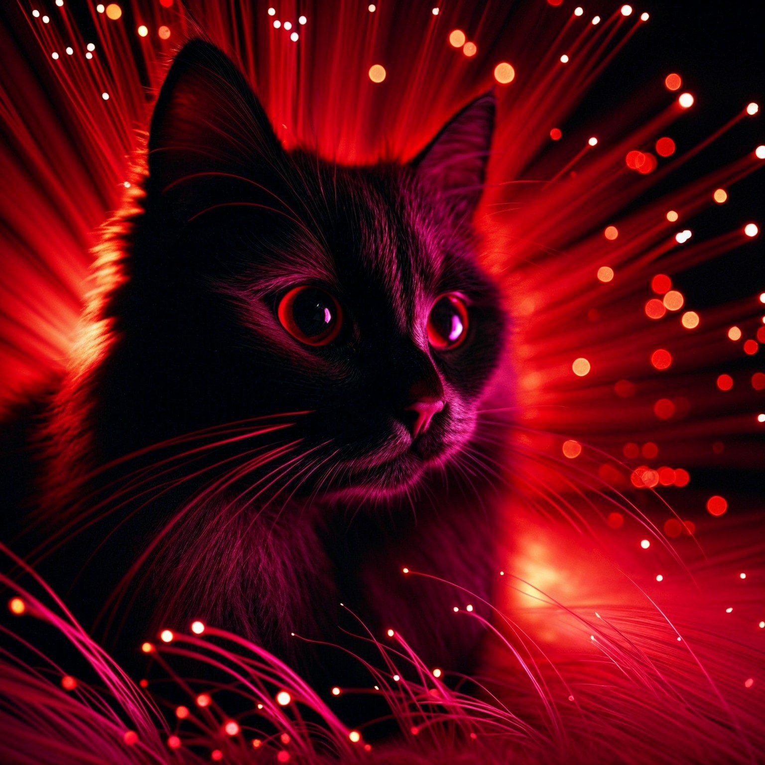 Close-up of a cat with expressive eyes and vibrant lights