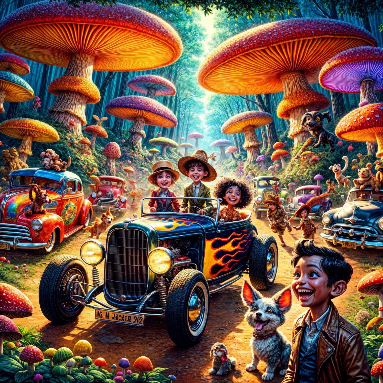 Children in Vintage Car in Whimsical Forest Scene