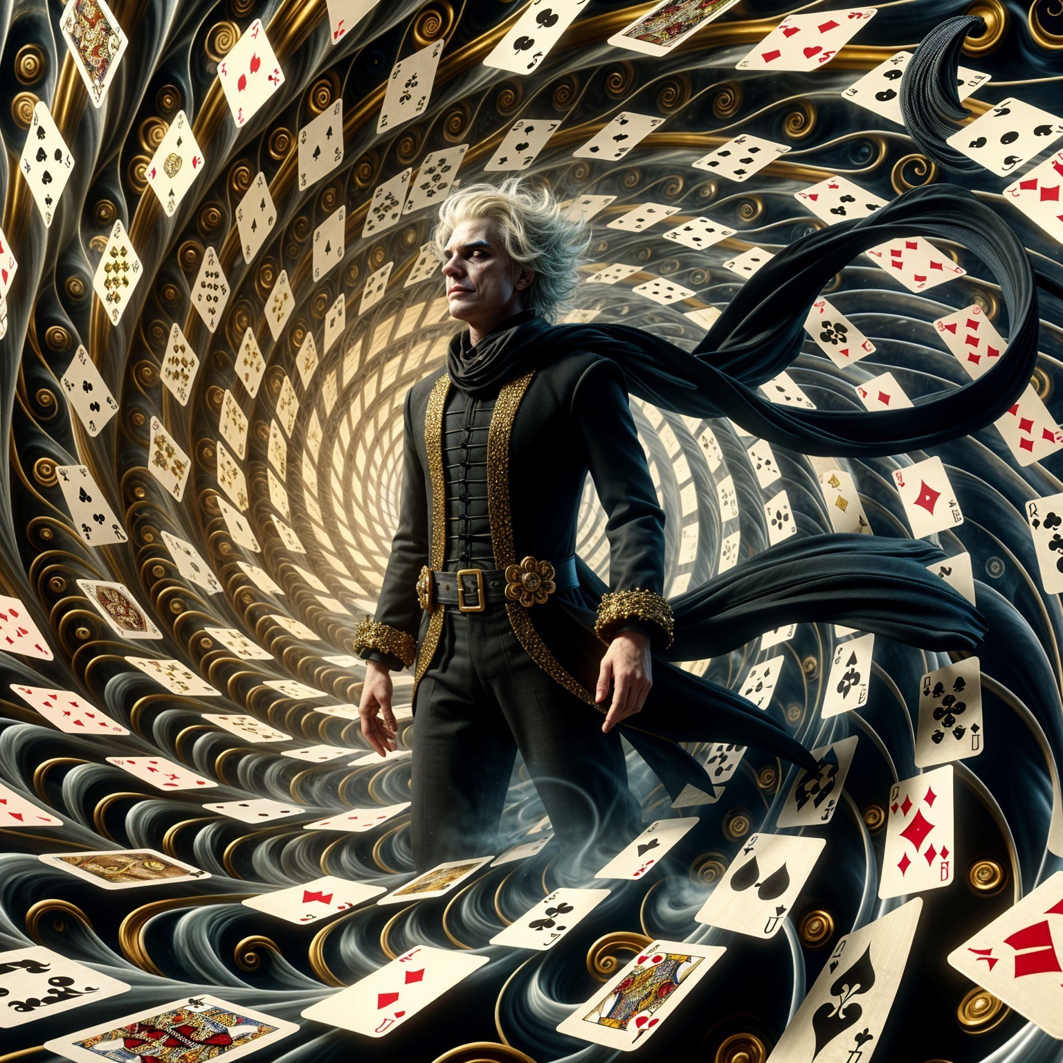 Mysterious Figure in Vortex of Playing Cards