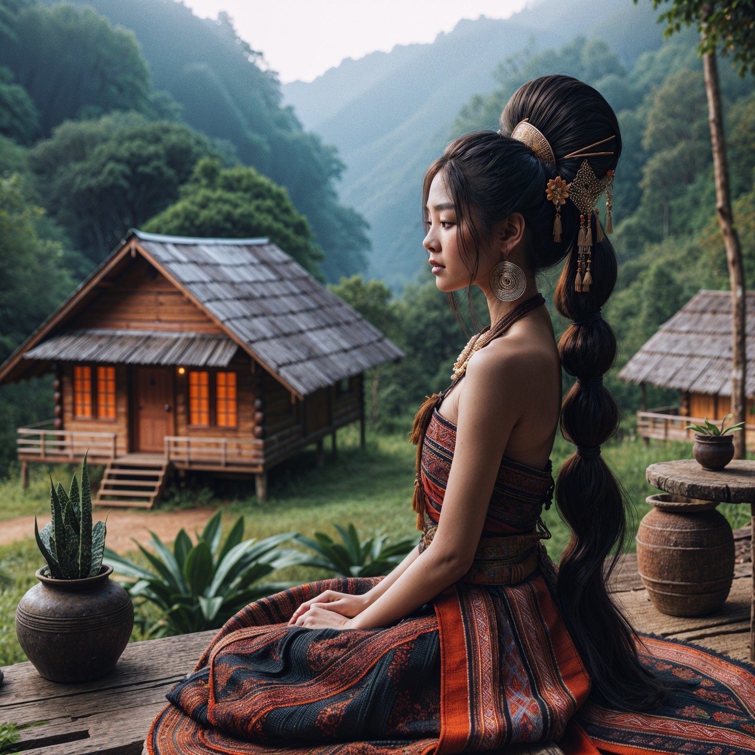 Serene Young Woman in Traditional Attire on Porch