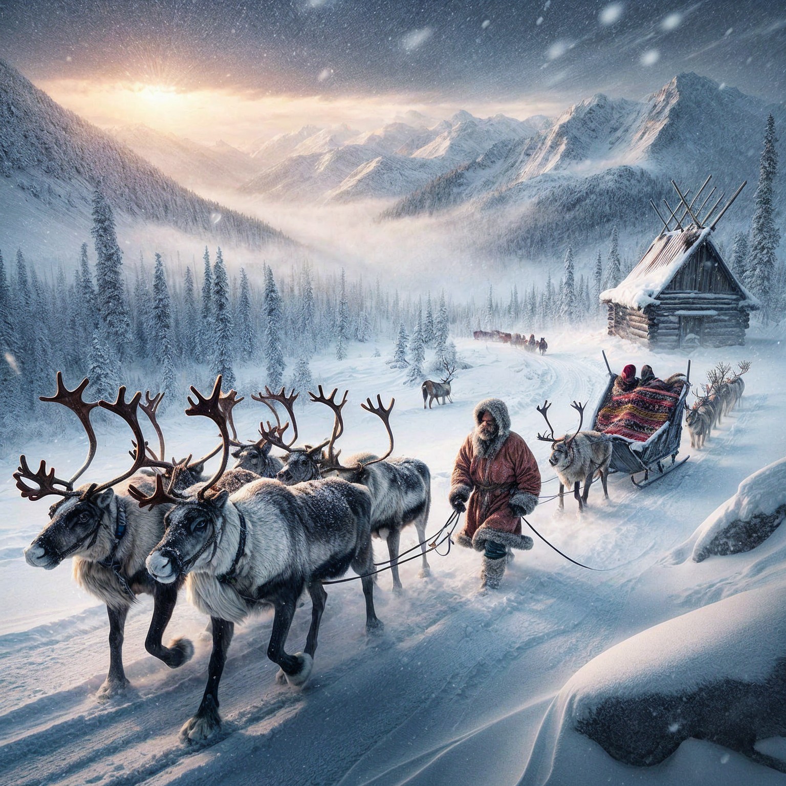 Winter Landscape with Reindeer and Rustic Cabin