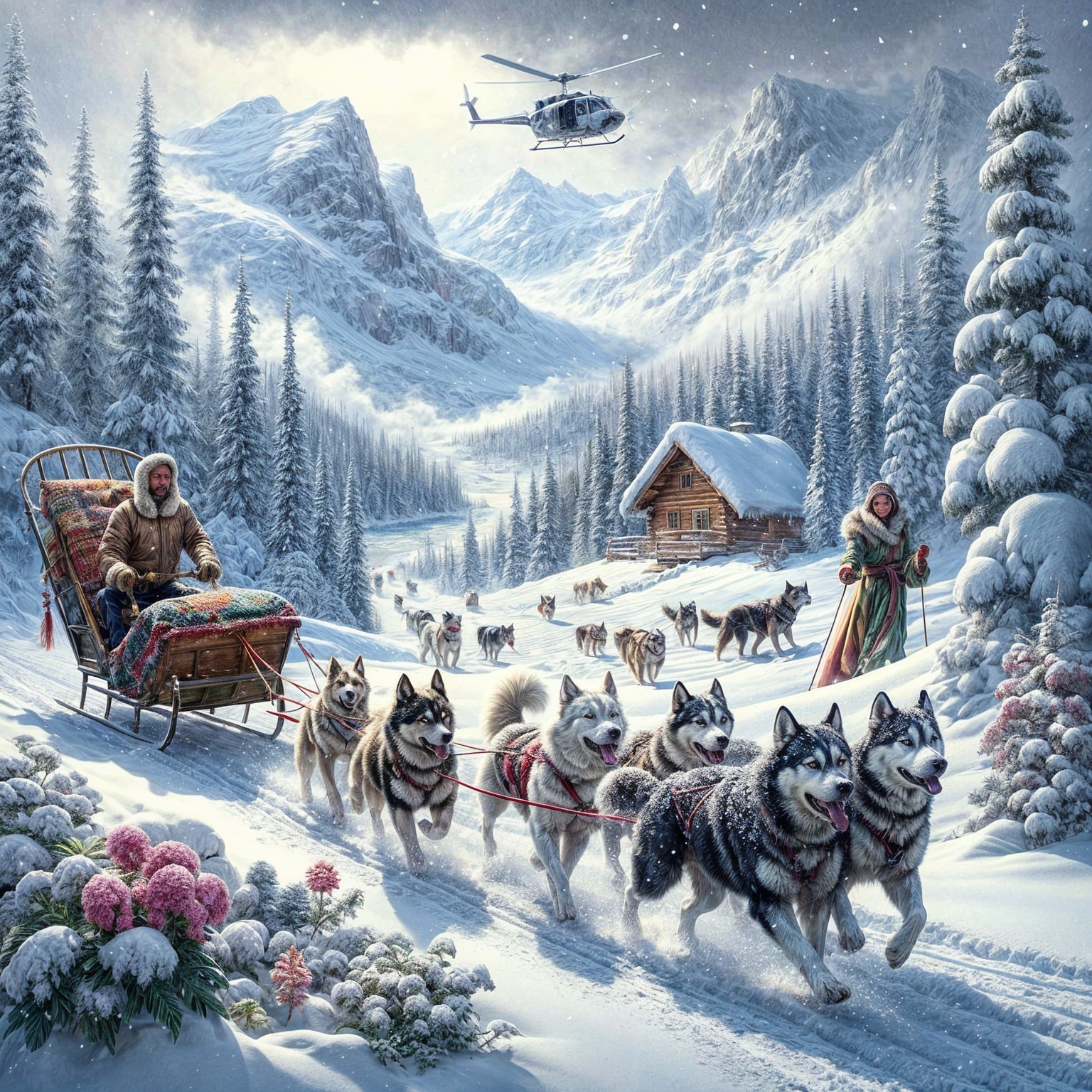 Winter Landscape with Sledding and Huskies in Snow