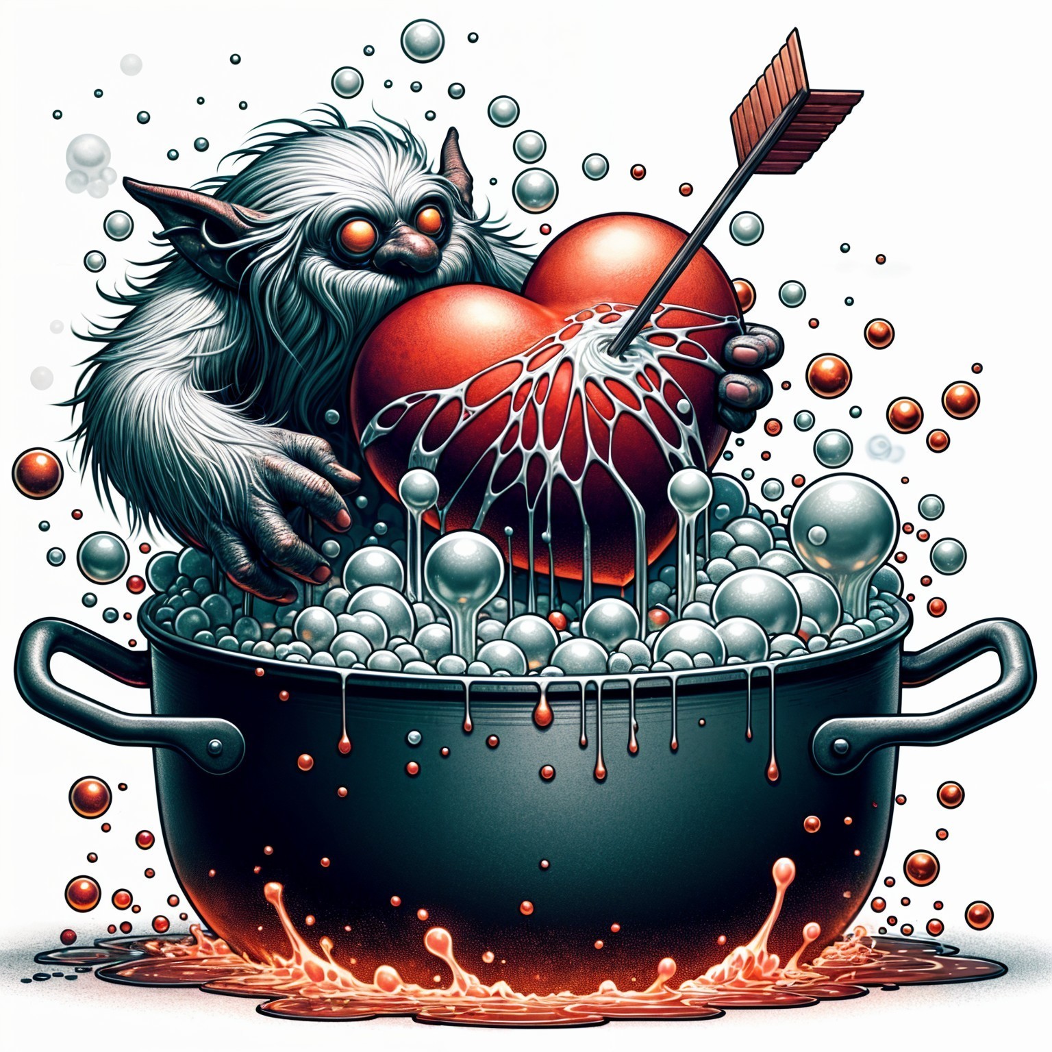 Whimsical Creature Mixing Colorful Cauldron Bubbles