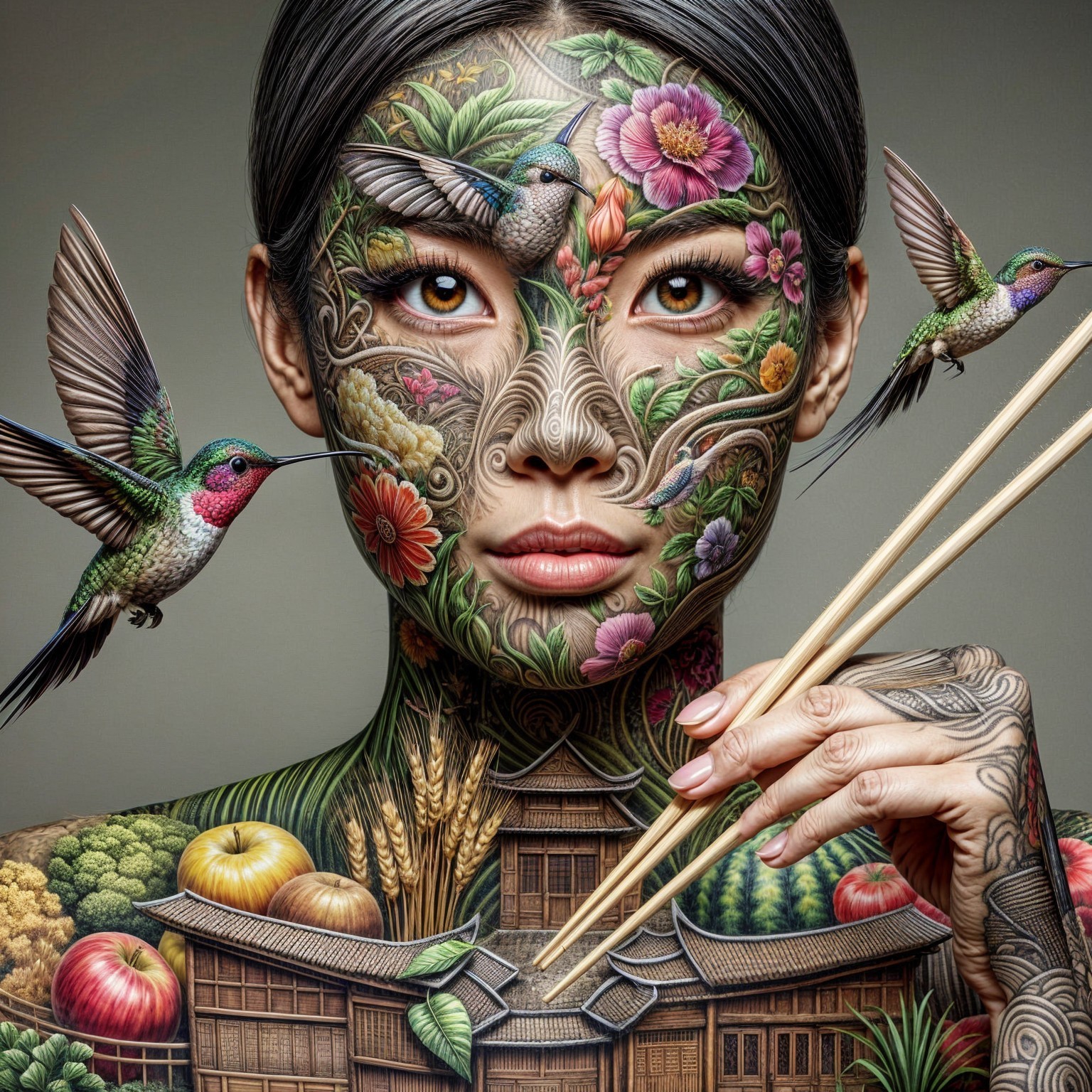 Woman with Floral Body Art and Hummingbirds