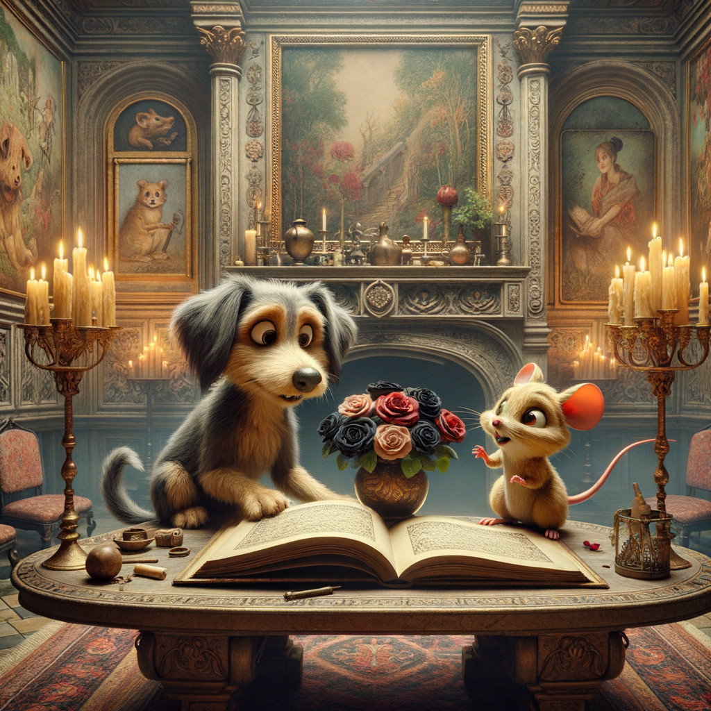 Curious Dog and Mouse Explore Grand Book in Opulent Room