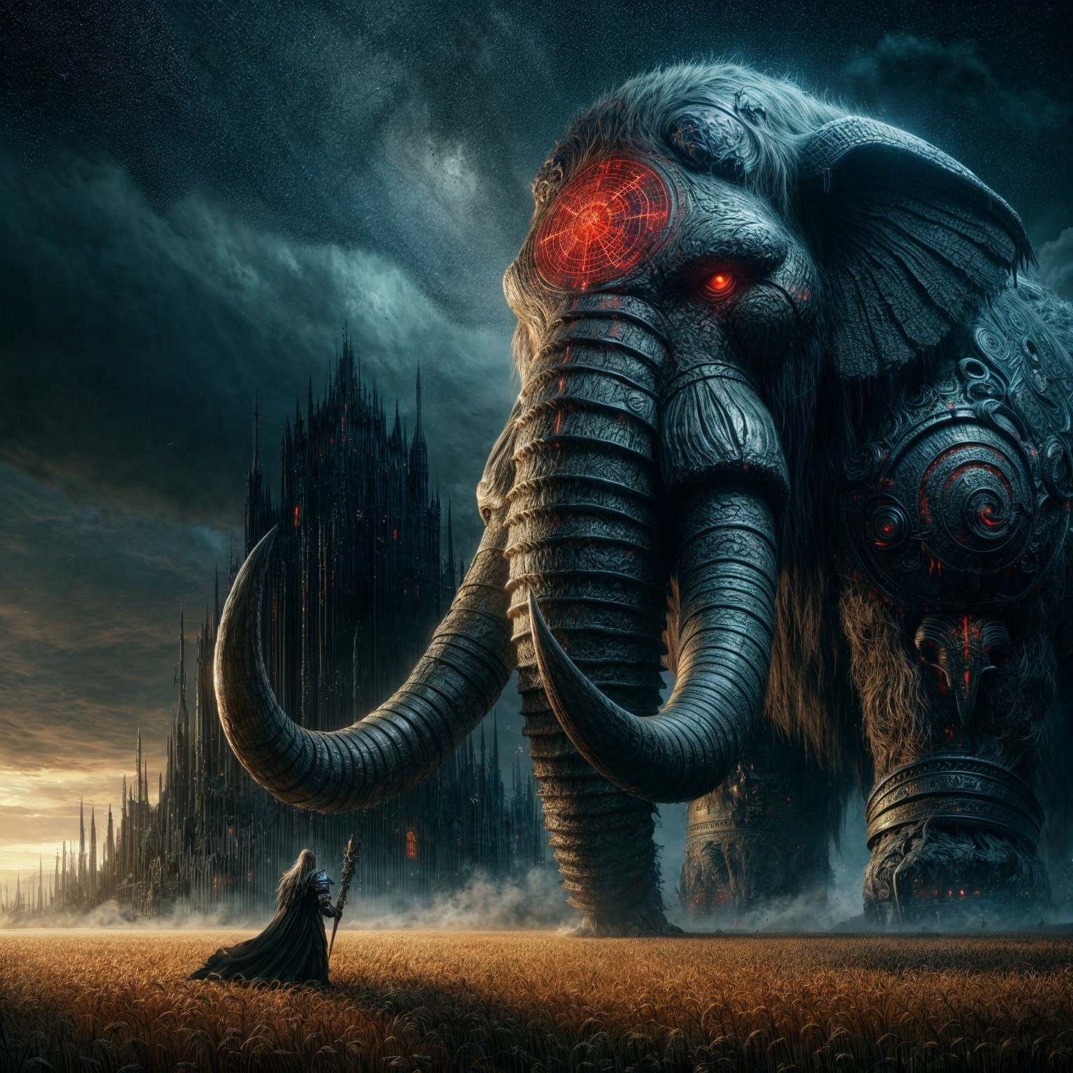 Mechanical Elephant in Surreal Landscape with Castle