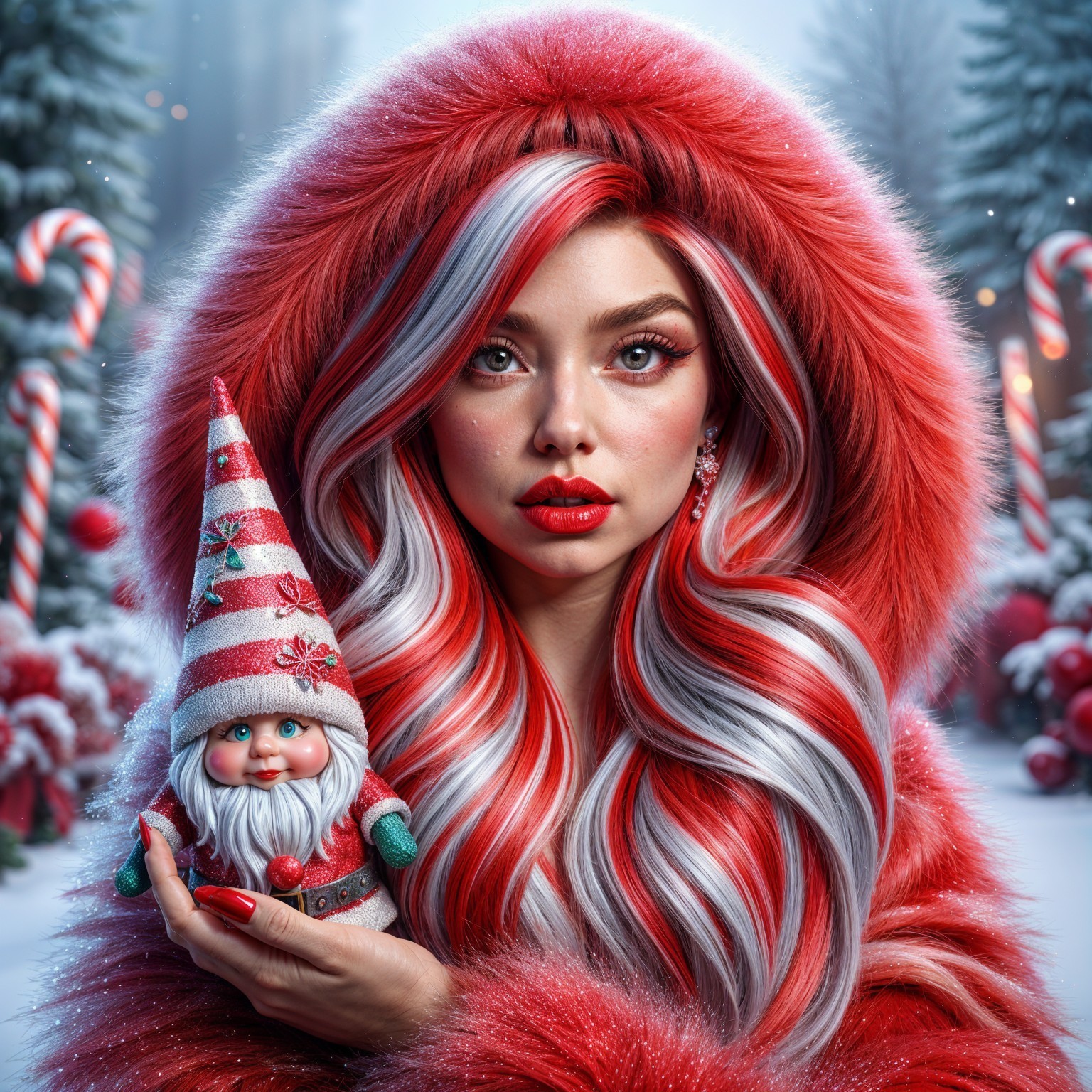 Woman in Red Coat with Gnome in Winter Landscape
