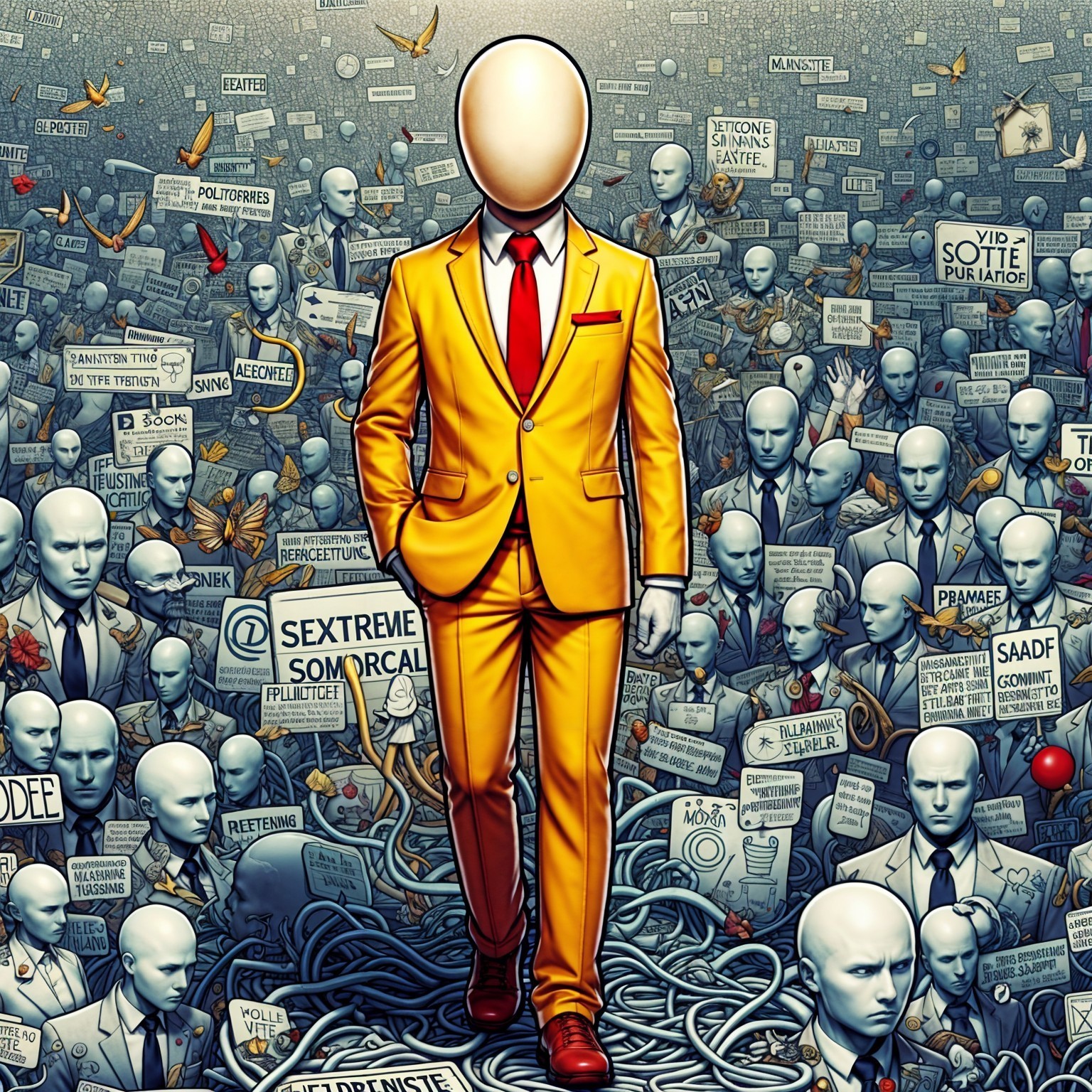Bright Yellow Suit Amidst Mannequin-Like Crowd