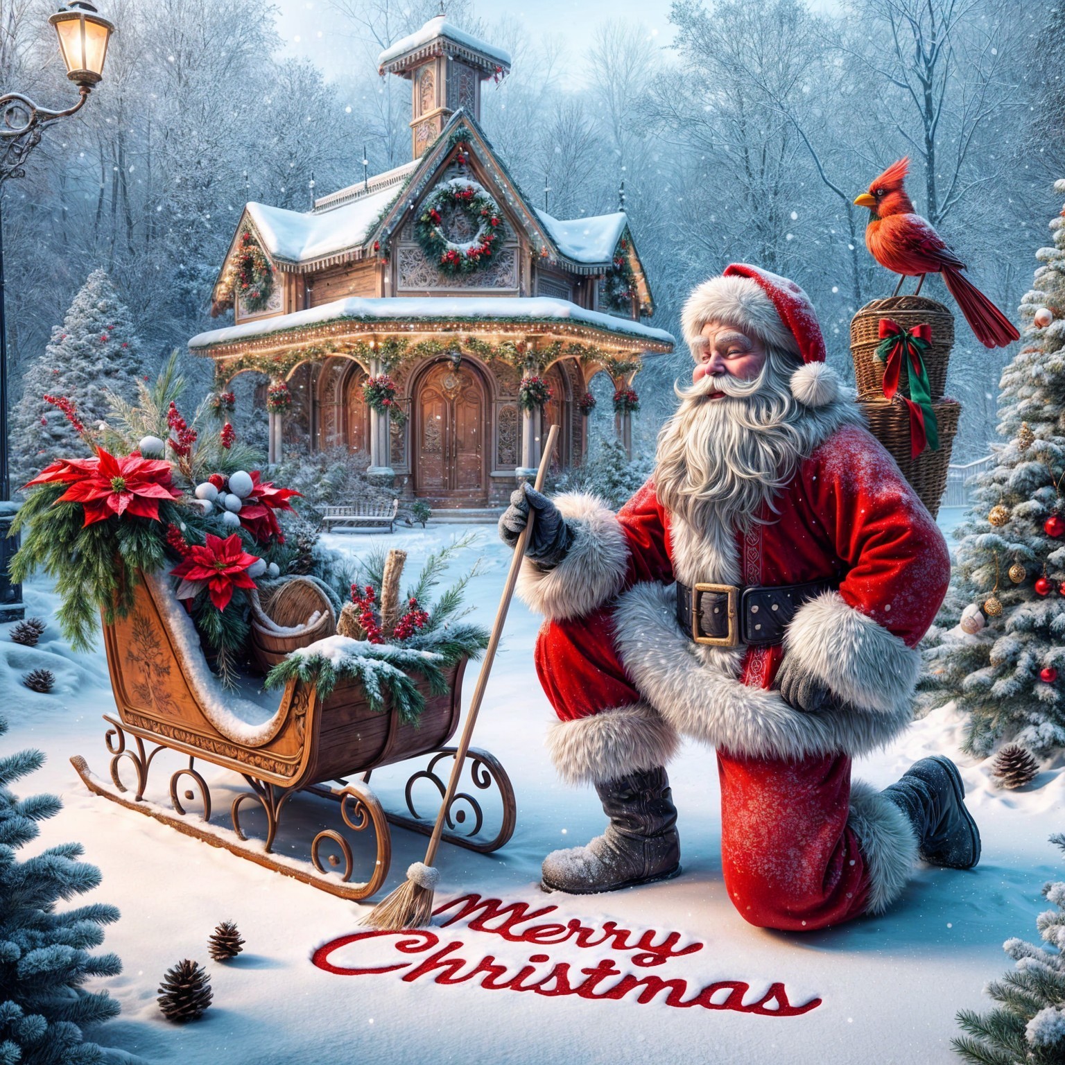 Santa Claus with Sleigh in a Winter Wonderland Scene