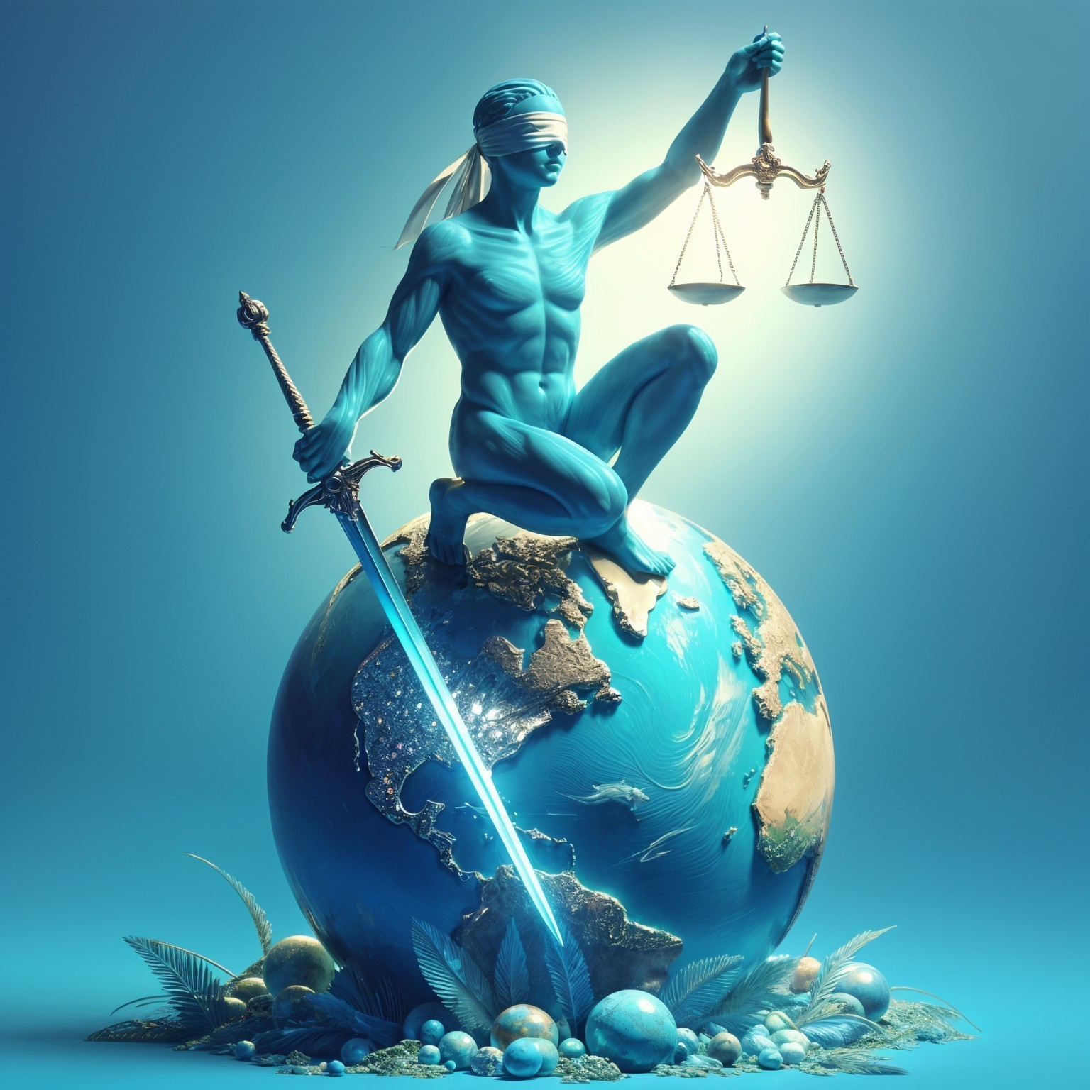 Blindfolded Warrior with Sword and Scales on Globe