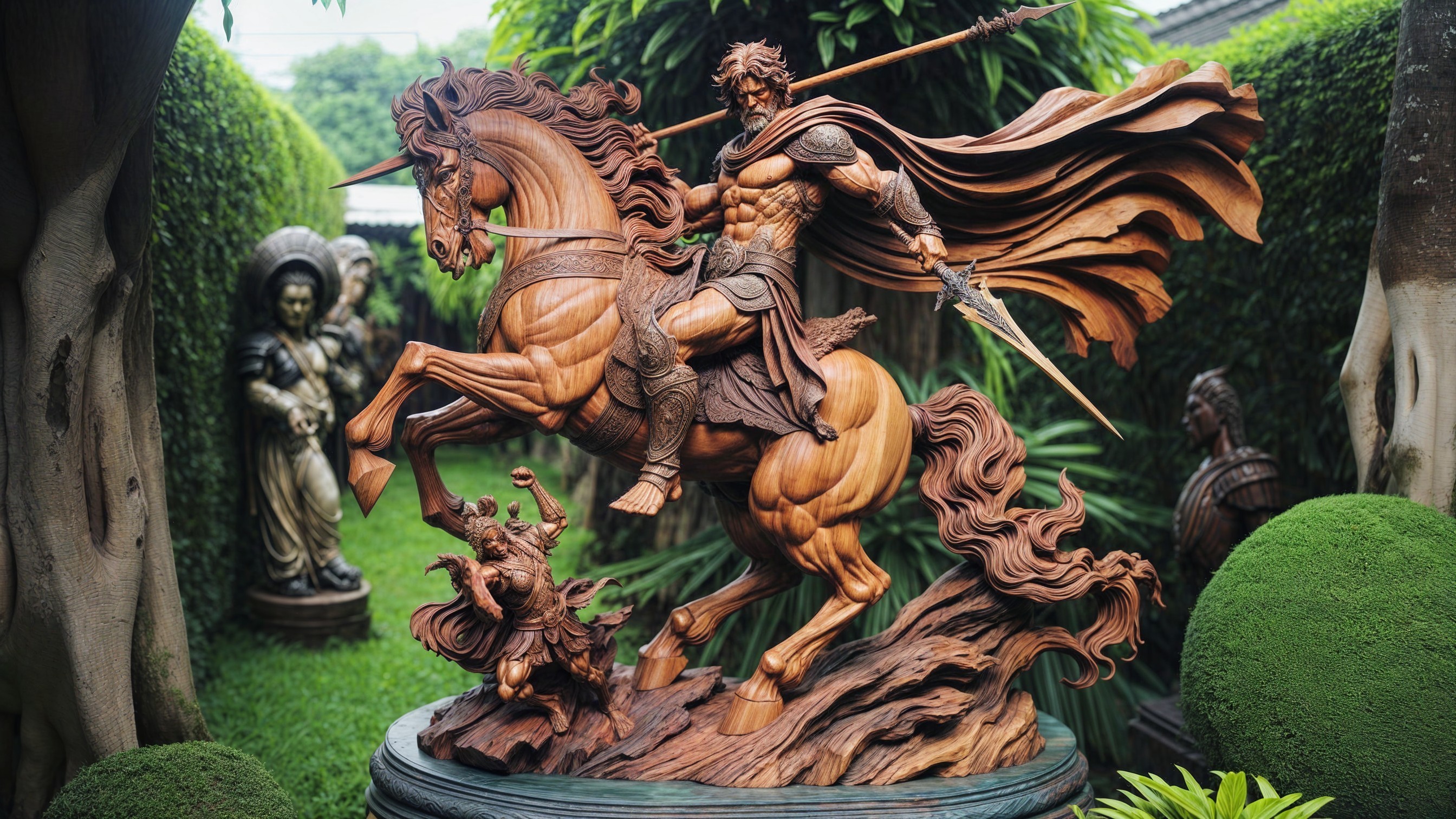 Wooden Sculpture of Warrior on Horseback with Spear