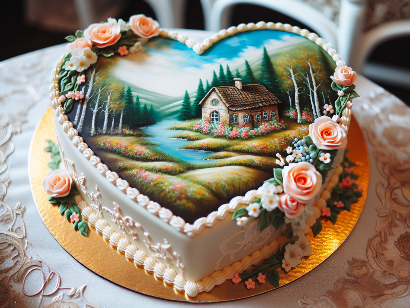 Heart-Shaped Cake with Floral Designs and Scenic Painting