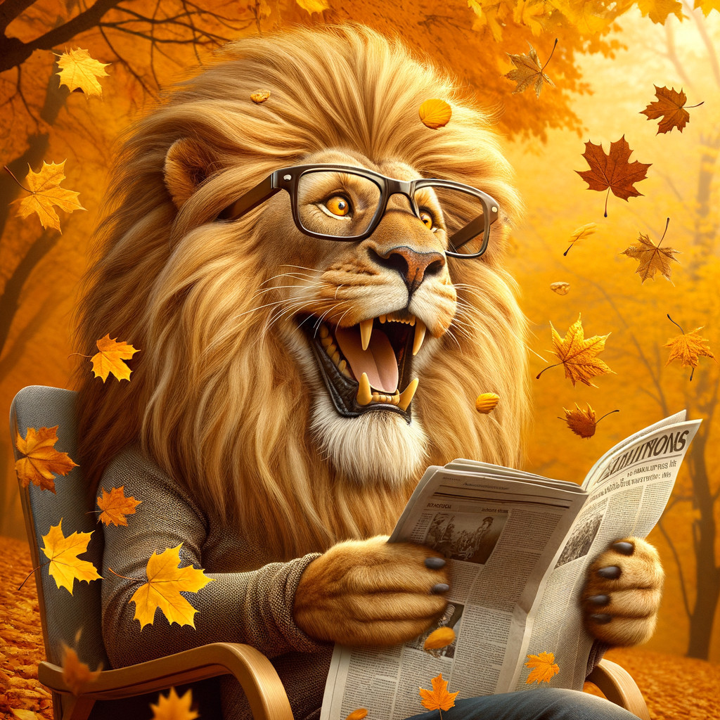 Lion in Sweater Reading Newspaper in Autumn Scene