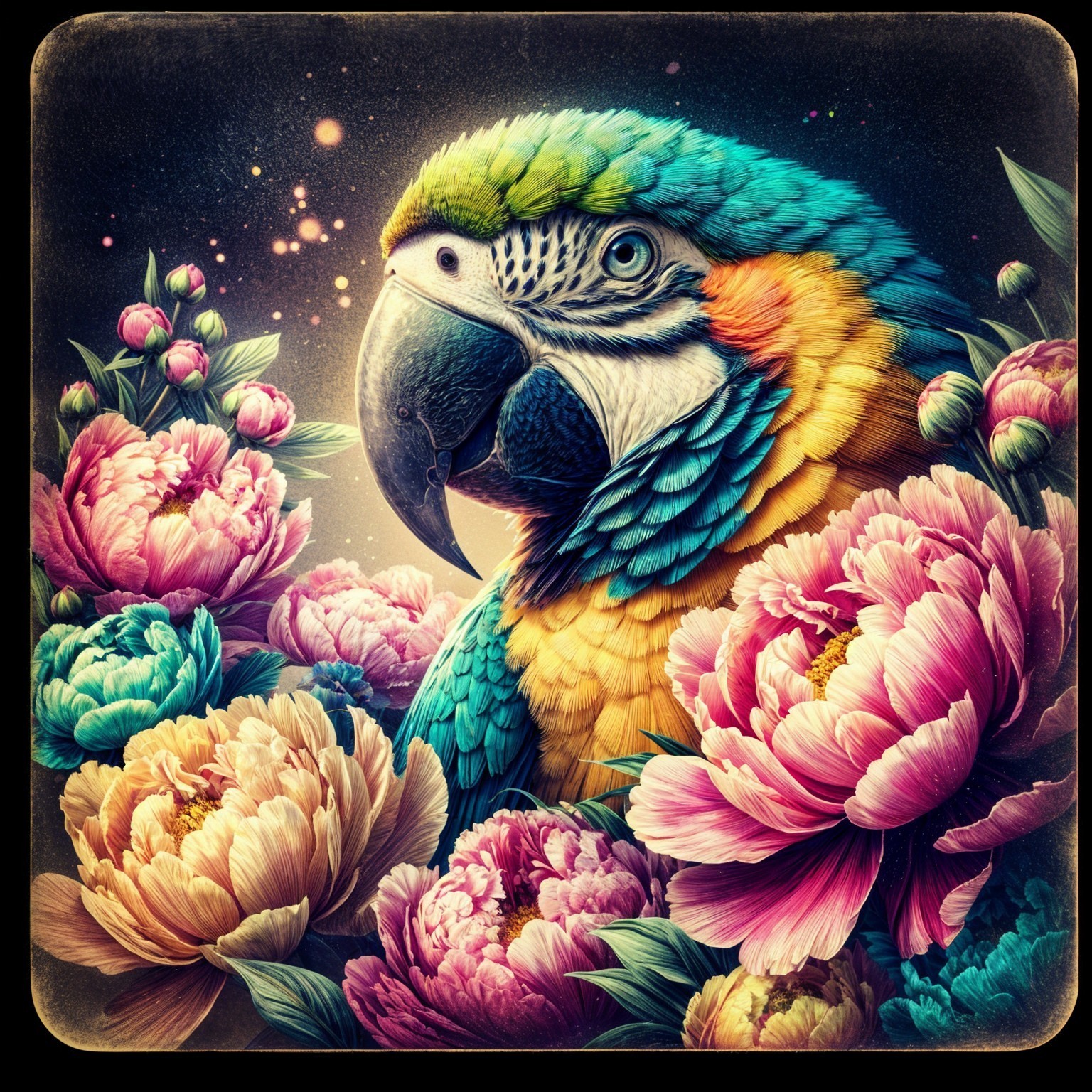Vibrant Parrot Among Pink Peonies and Starry Background