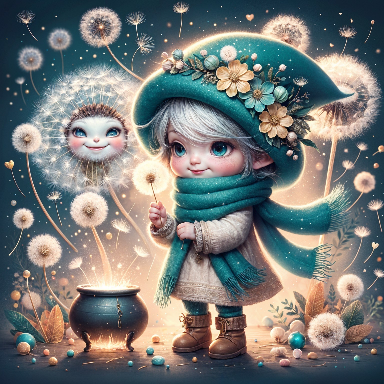 Whimsical Scene with Silver-Haired Child and Creatures
