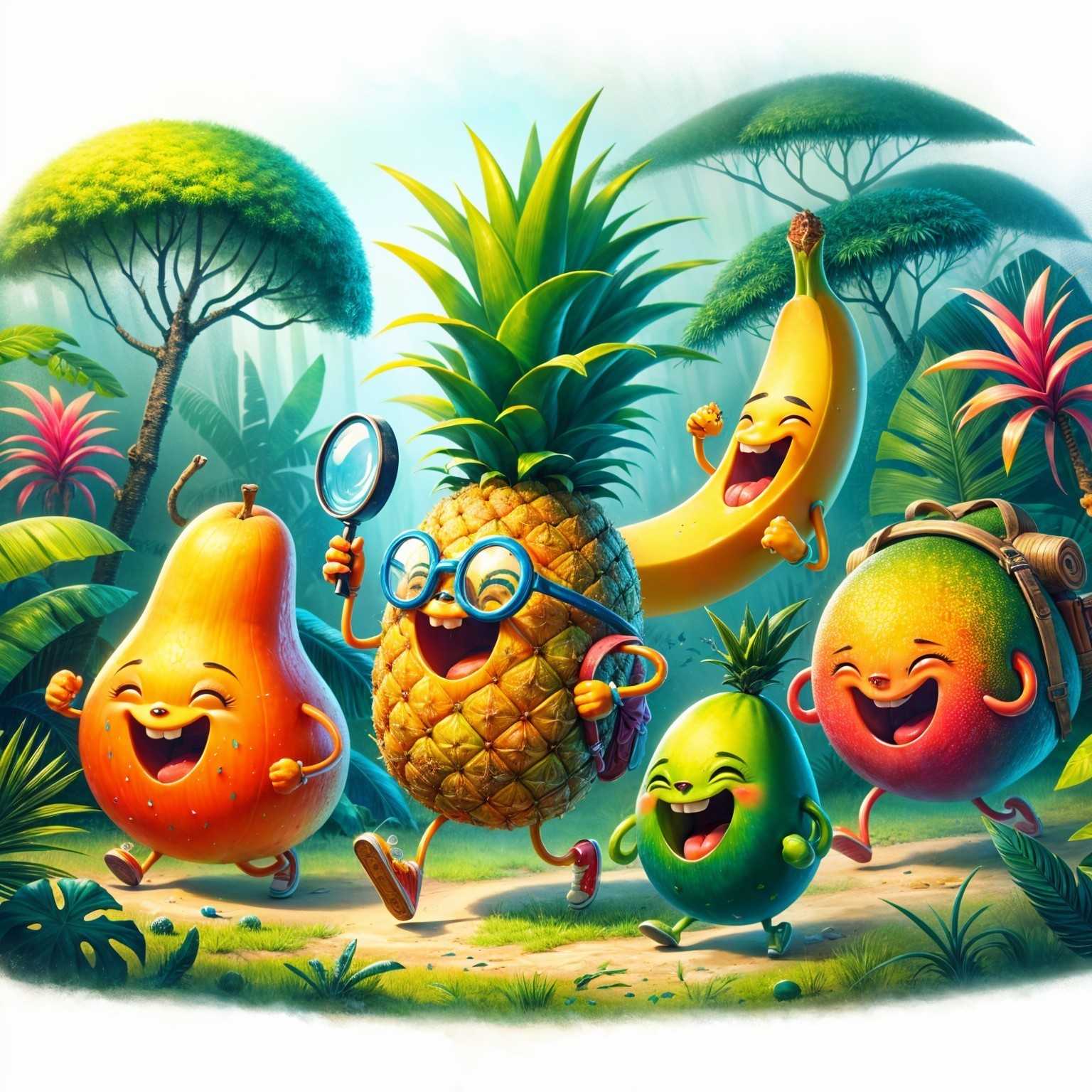 Animated Fruits in a Lush Jungle Setting