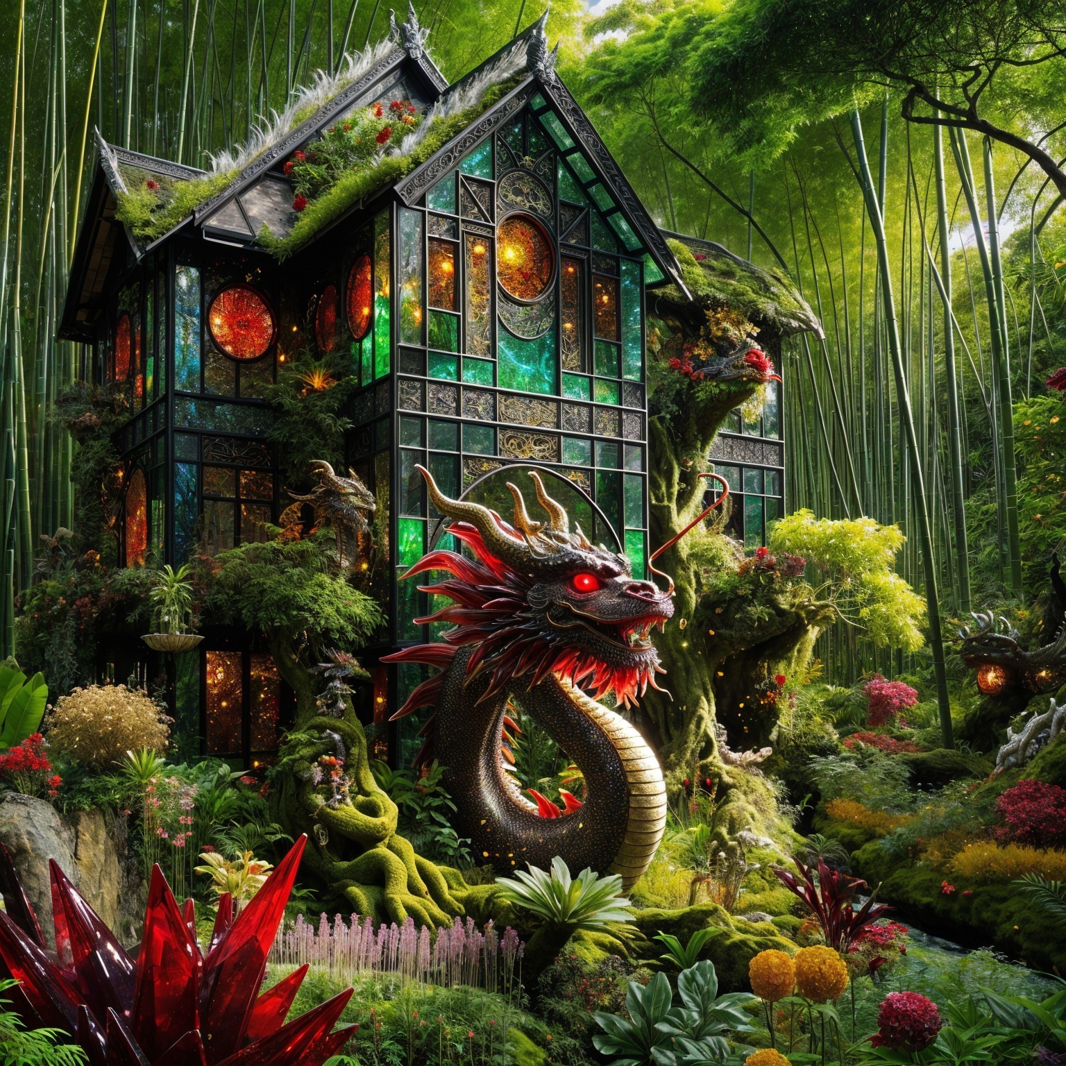 Glass-paneled house with dragon and lush greenery