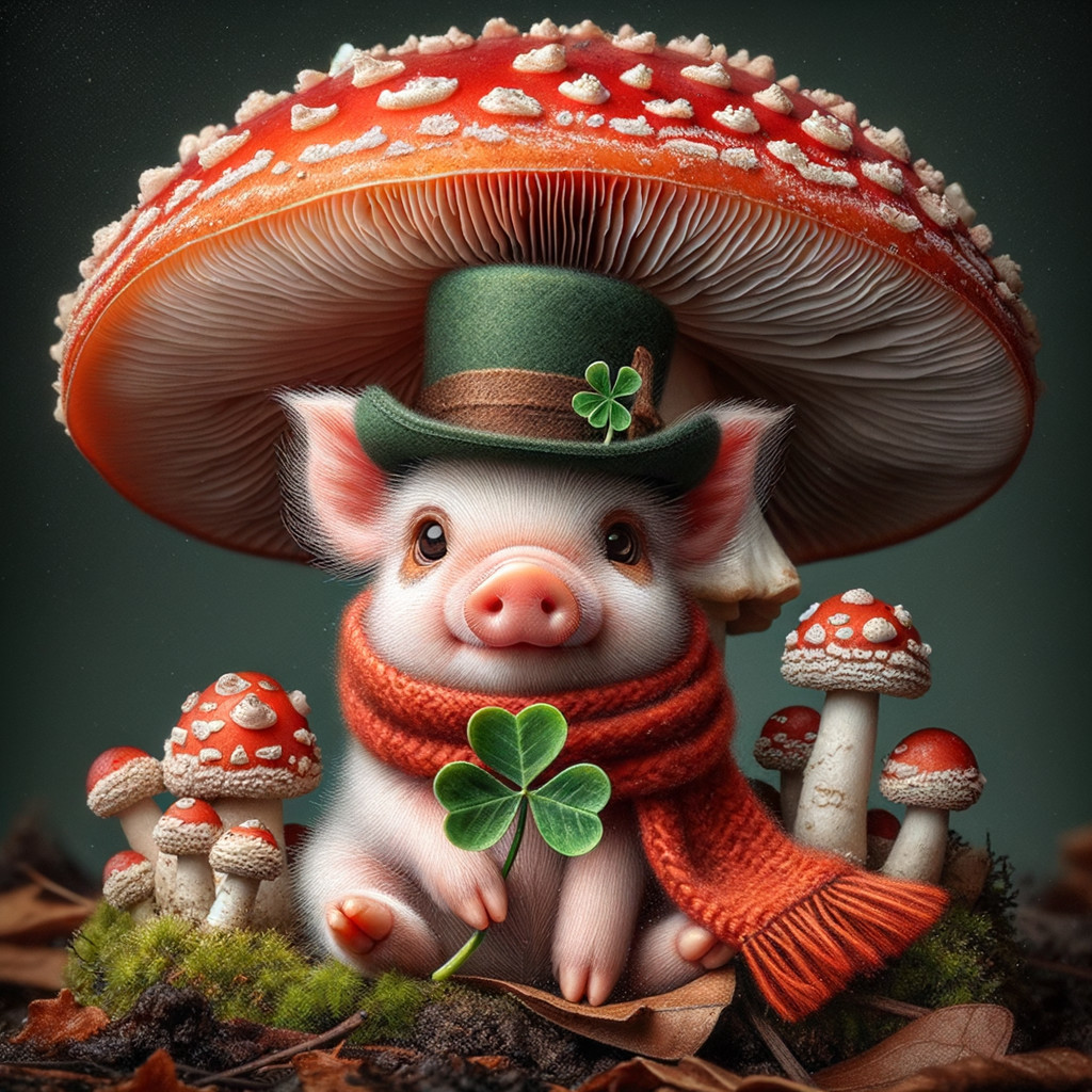 Cartoon Piglet with Hat and Mushrooms in Forest Setting